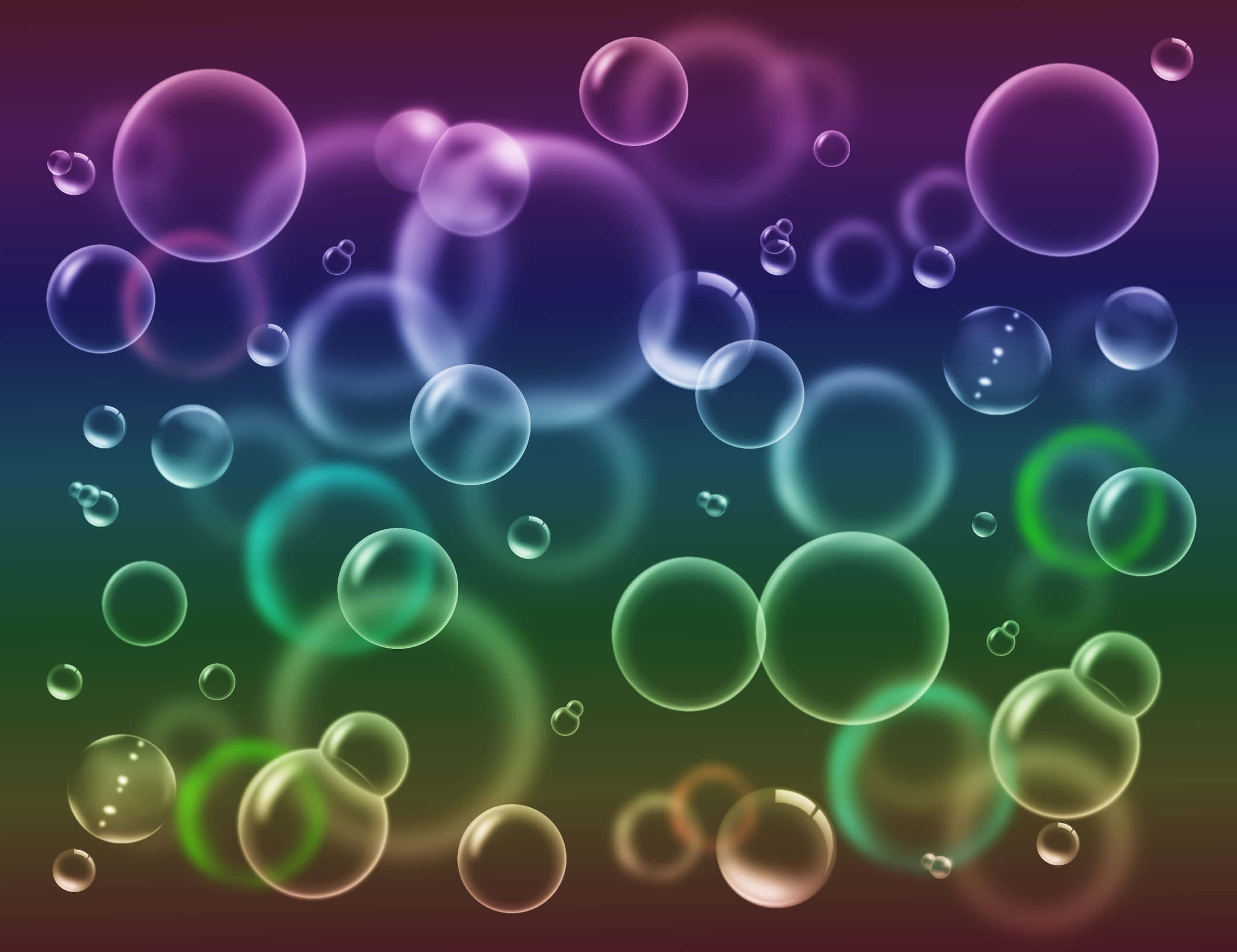 Bubbles 桌布 壁紙 — 漂浮的半透明氣泡在紫色綠色漸變背景上閃爍著彩虹色調。