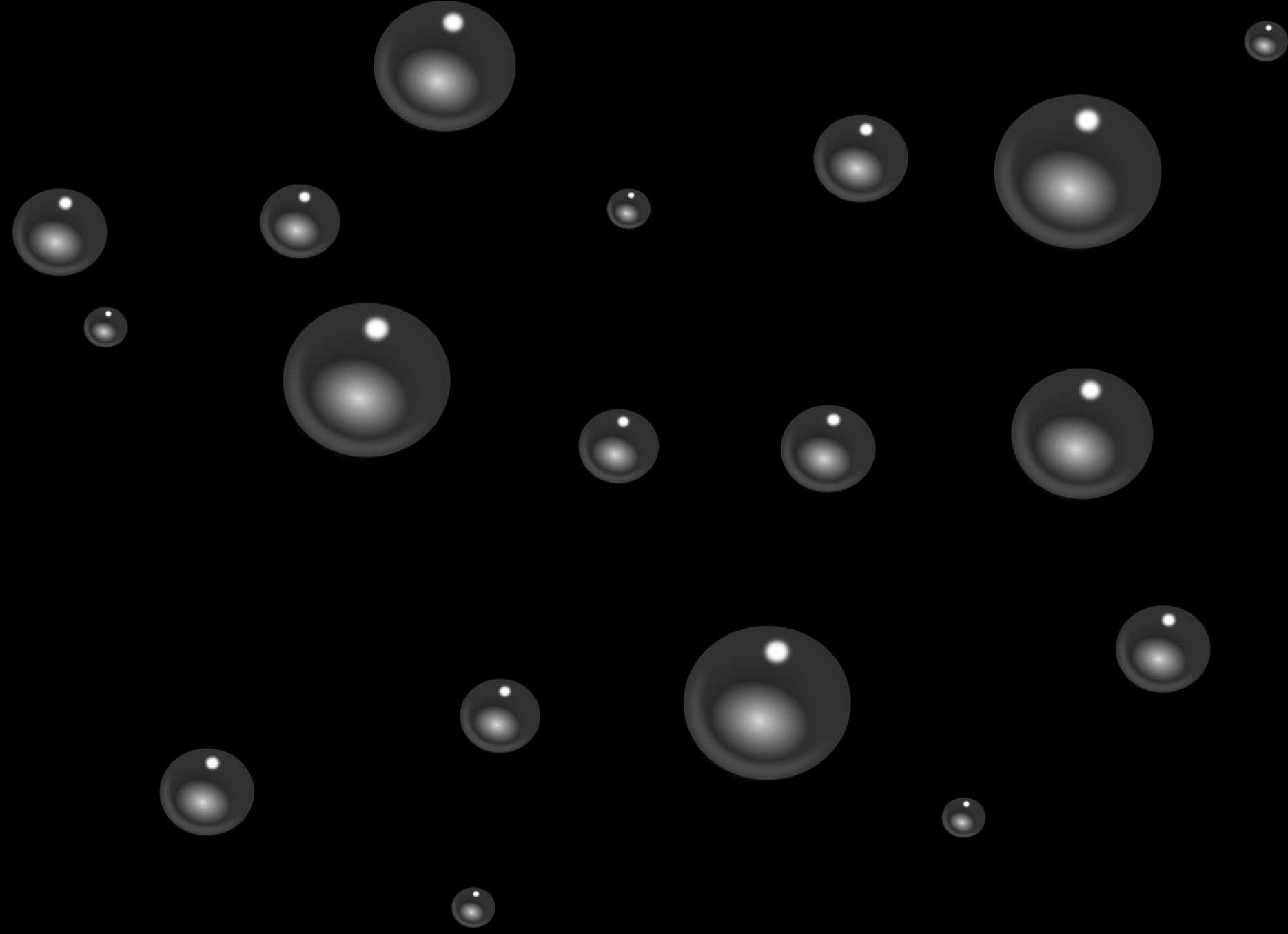 Water Drops 桌布 壁紙 — 漂浮的半透明氣泡帶有柔和的高光，在純黑色背景上飄動。