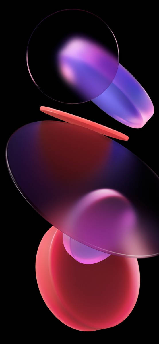 Shapes 桌布 壁紙 — 漂浮的半透明球體在黑色虛空中發出鮮豔的紅色和紫色光芒。