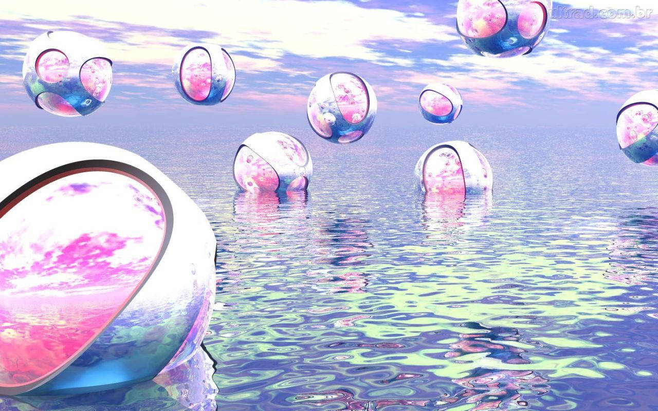 Y2K 美學 桌布 壁紙 — 漂浮的半透明球體帶有粉紅色花卉圖案，在粉彩天空下懸浮於漣漪水面上方。