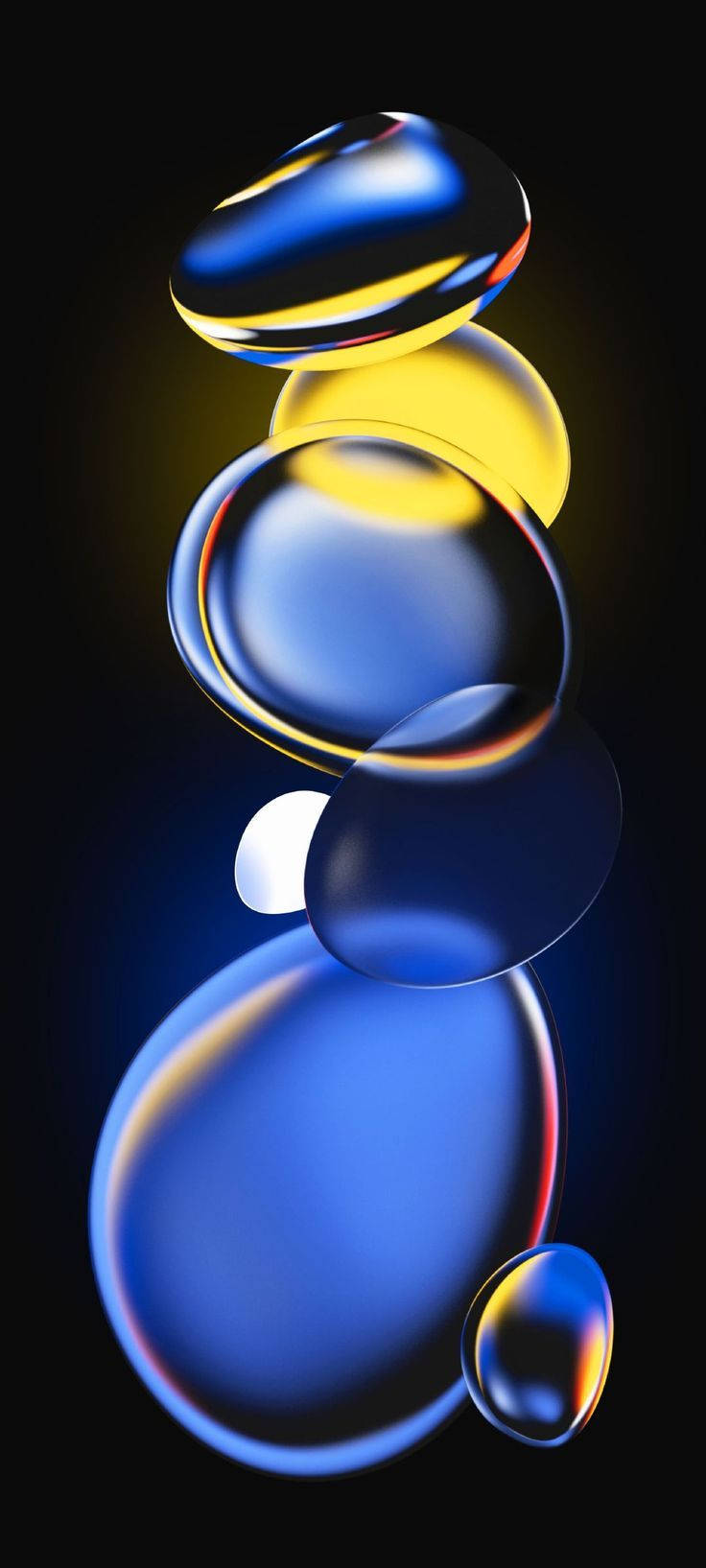 3D 桌布 壁紙 — 漂浮的半透明藍色和黃色球體在黑暗背景上發光，帶有柔和的光線反射。