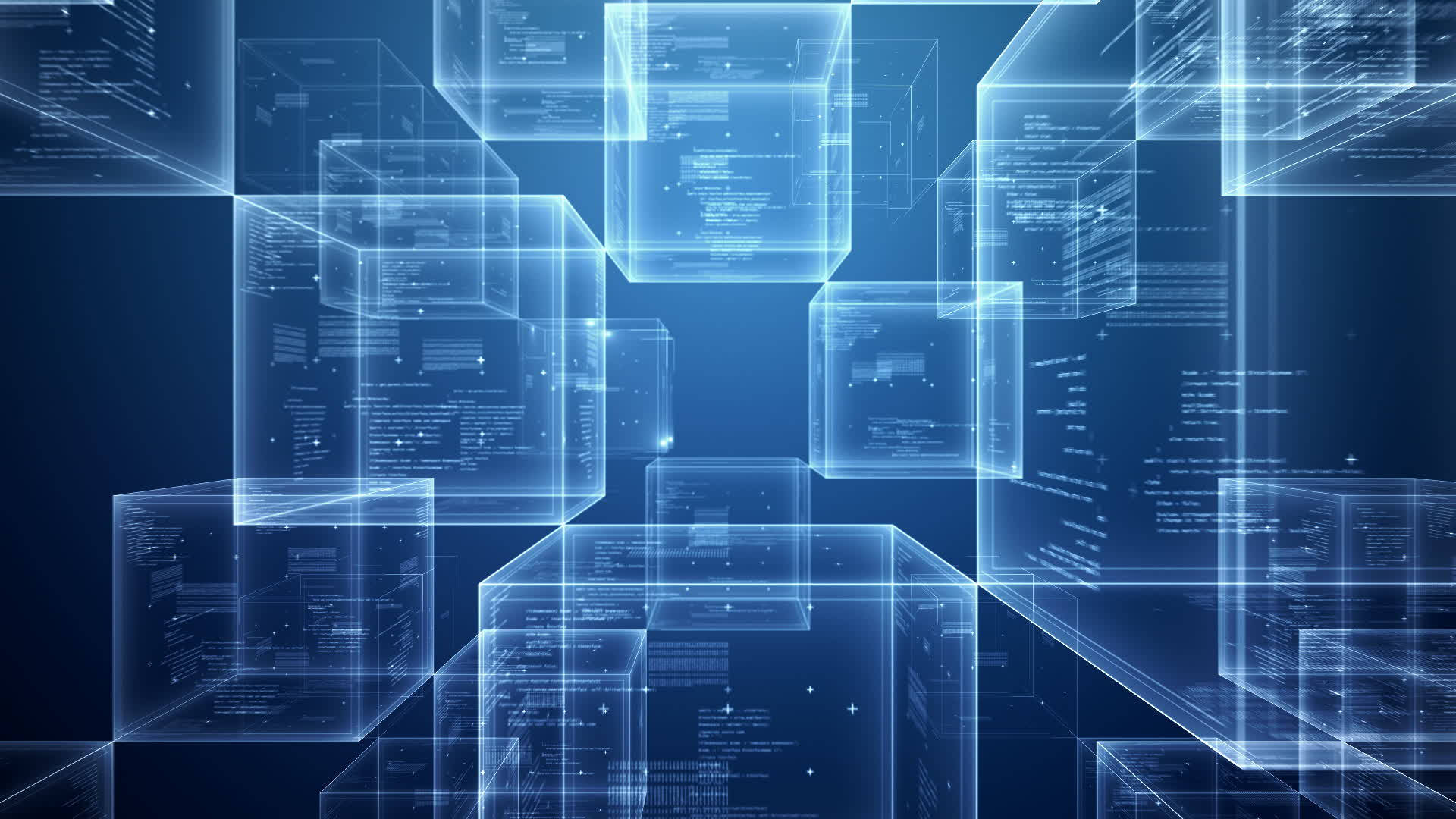 Blockchain 桌布 壁紙 — 漂浮的半透明藍色立方體充滿發光代碼，在數位虛空中漂流。