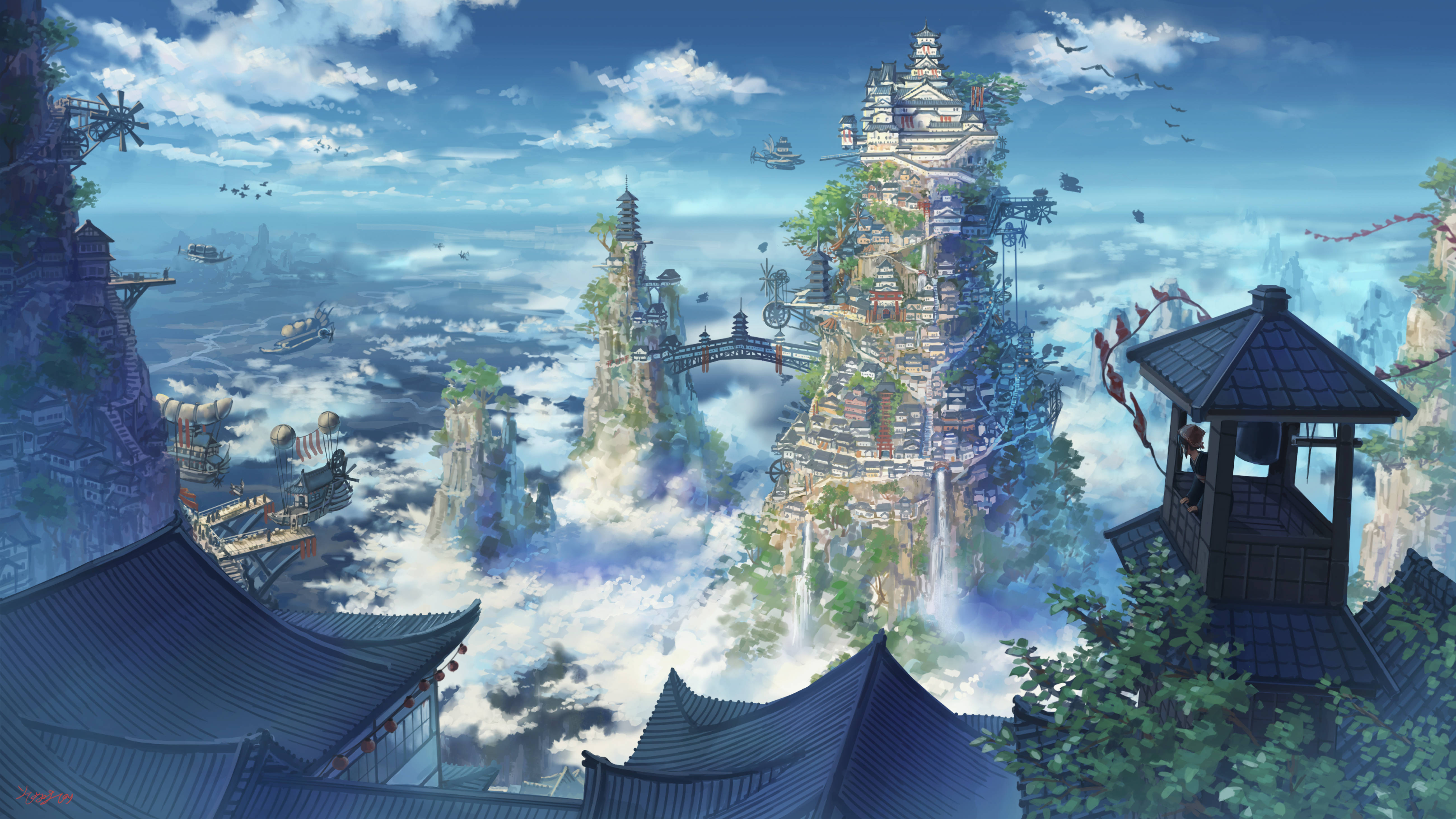 動漫 4K 桌布 壁紙 — 漂浮的天空島嶼，擁有古老的寶塔和橋樑，在充滿活力的動漫景觀中翱翔於雲層之上。