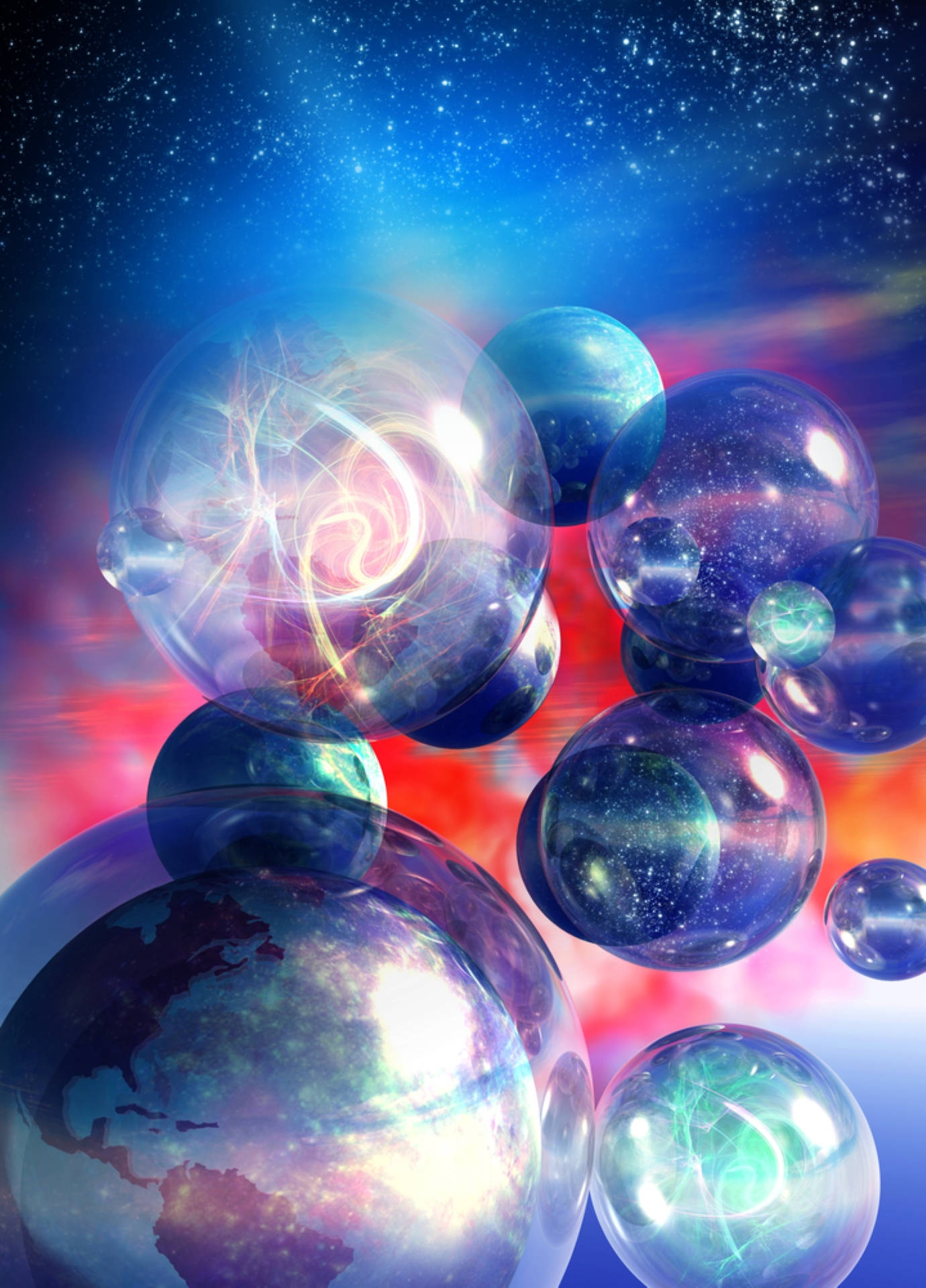 多重宇宙 桌布 壁紙 — 漂浮的宇宙氣泡充滿星系和旋轉能量，穿過繁星點點的藍色和紅色星雲。