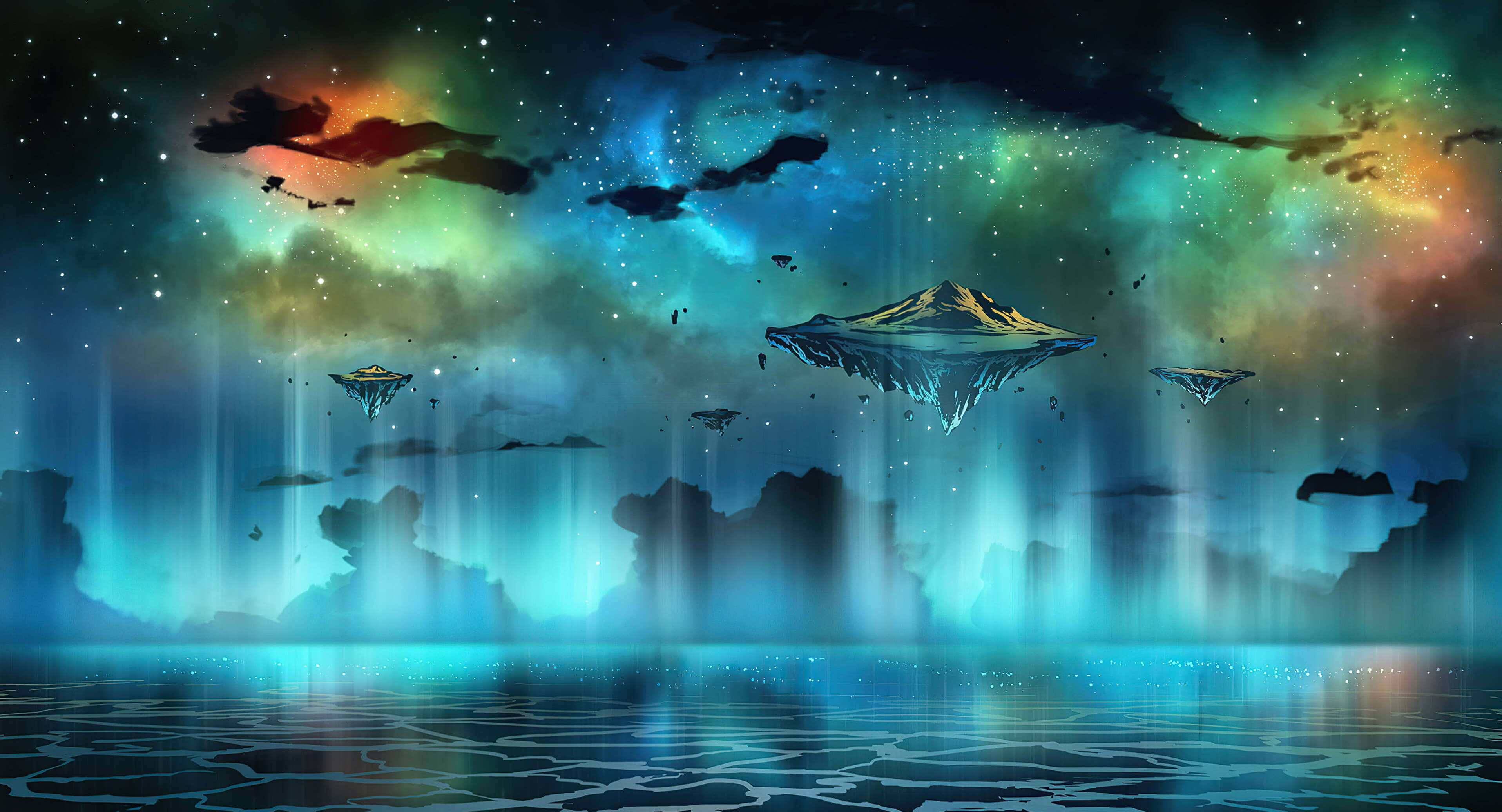 漂浮島嶼 桌布 壁紙 — 漂浮的山島在璀璨星空下漂流，星空倒映在發光的藍色海洋中。