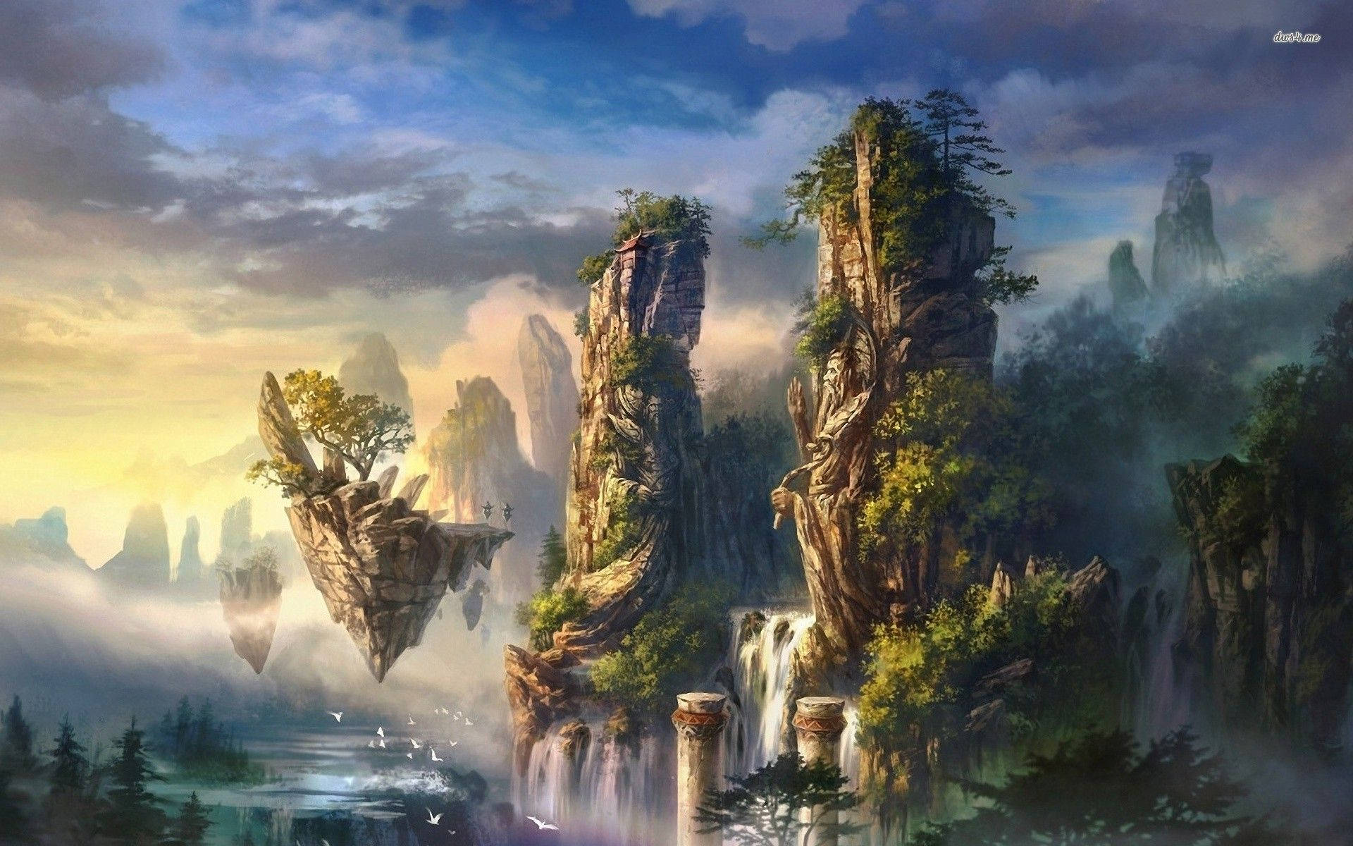 奇幻島 桌布 壁紙 — 漂浮的岩石柱，上有古樹和瀑布，在戲劇性的日出天空下流入霧氣瀰漫的山谷。