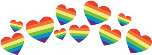 LGBT 桌布 壁紙 — 漂浮的彩虹心形在鮮豔條紋中，襯托著純黑背景。