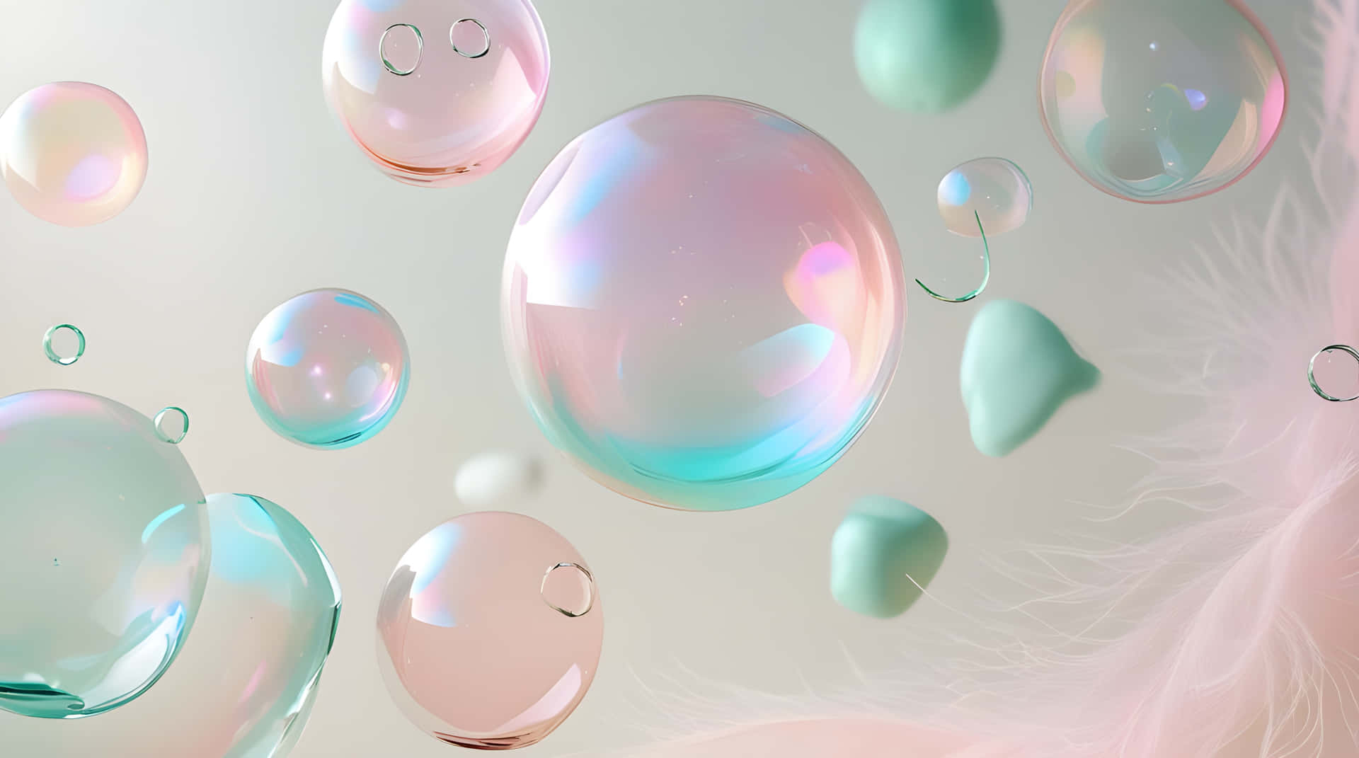 Beautiful bubble abstract 壁紙 — 漂浮的彩虹色泡泡在粉紅色和藍綠色之間，懸浮在柔軟的白色羽毛旁邊，背景蒼白。