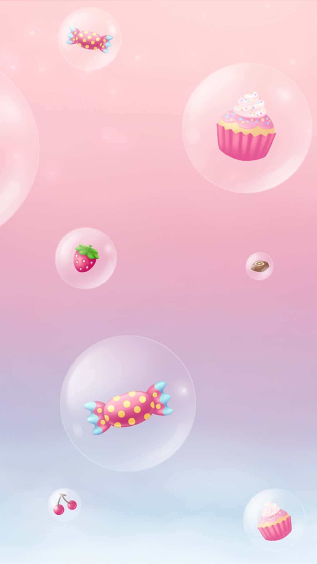 cute girly phone 桌布 壁紙 — 漂浮的泡泡內有糖果杯子蛋糕、草莓和櫻桃，在柔和的粉紅到藍色漸變天空中飄蕩。