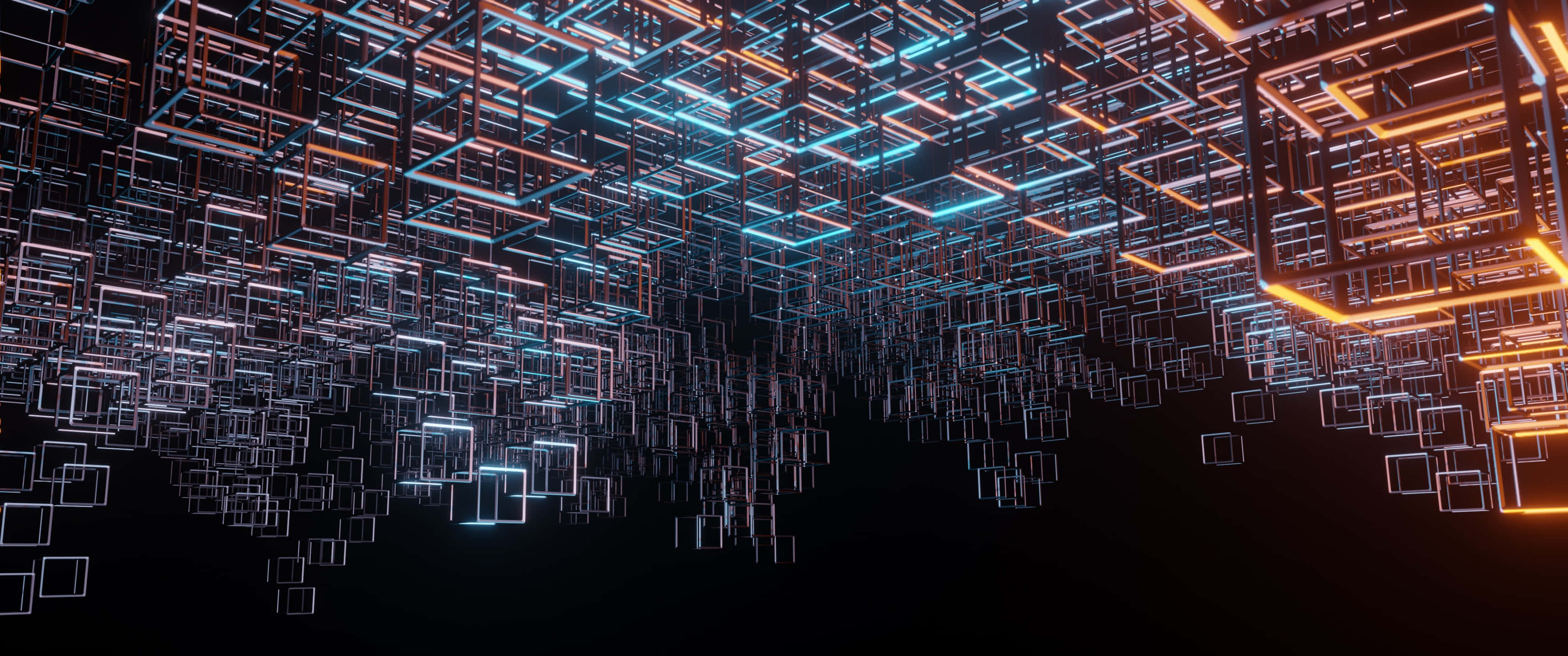 3440x1440 Neon 桌布 壁紙 — 漂浮的發光藍色和橙色霓虹立方體懸浮在黑暗的數位虛空中，營造出未來感的賽博龐克氛圍。