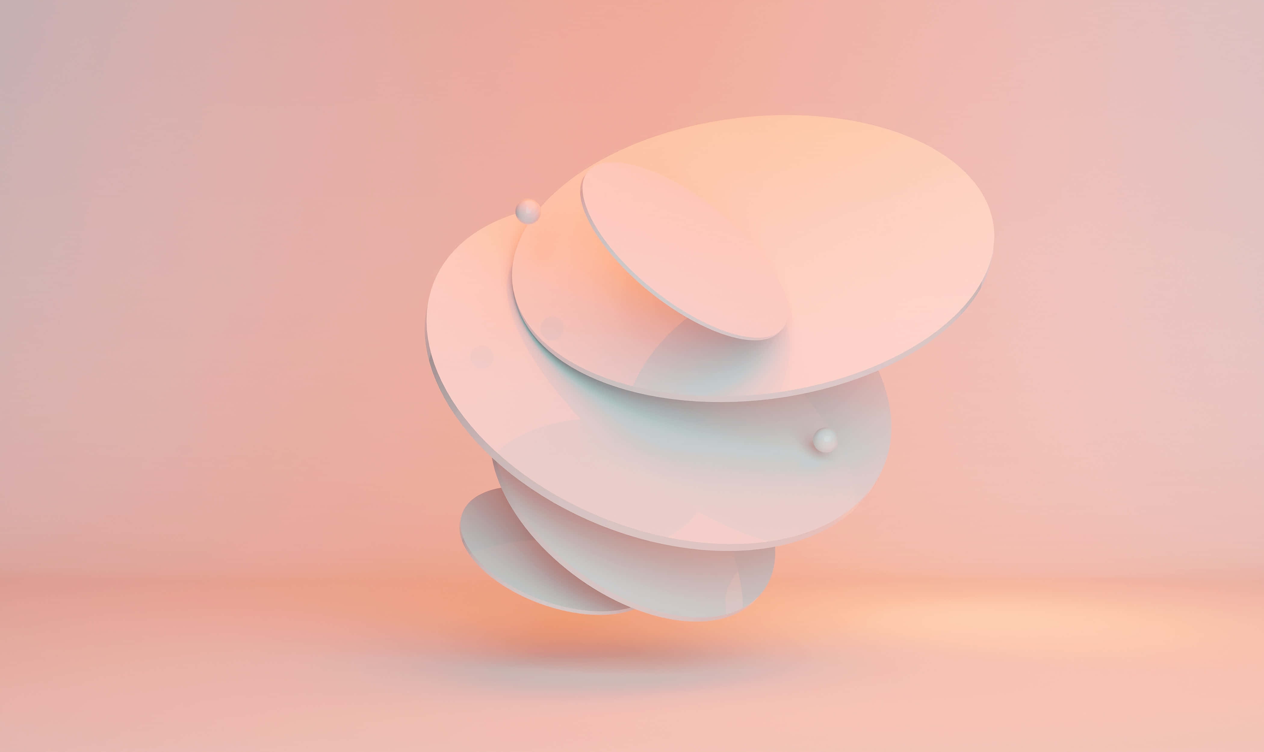 3D 桌布 壁紙 — 漂浮的白色幾何圓盤搭配柔和粉彩漸變燈光，營造出寧靜的極簡抽象構圖。