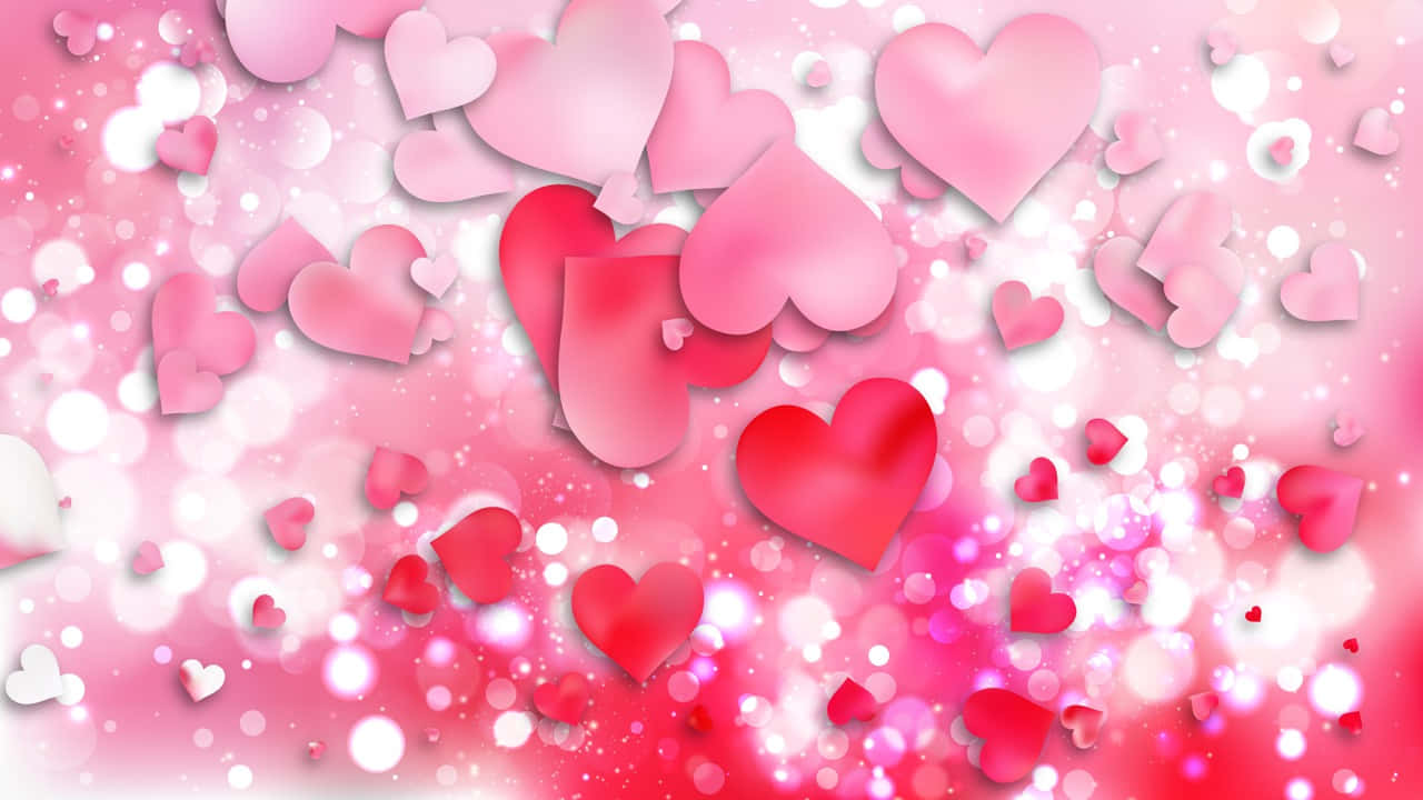 Pink Love 桌布 壁紙 — 漂浮的粉紅色和紅色心形搭配散景燈光，營造出夢幻浪漫的背景。