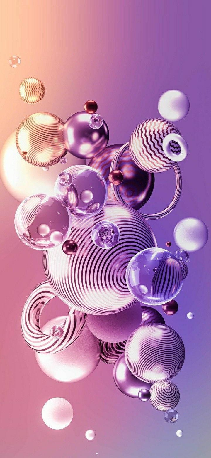 在粉紅-紫色漸變背景上帶有條紋的漂浮閃亮球體 — 3D iPhone 壁紙 壁紙