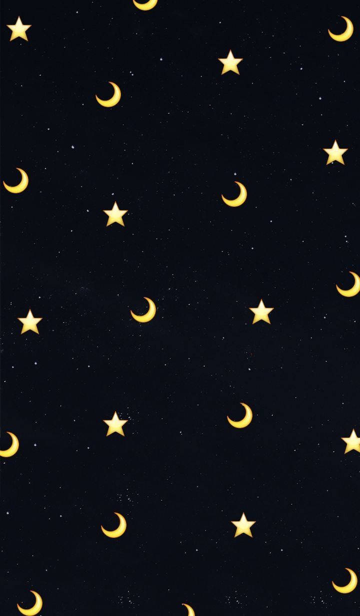 Crescent Moon 桌布 壁紙 — 漆黑的夜空，點綴著閃爍的金色星星和彎月，背景繁星點點。