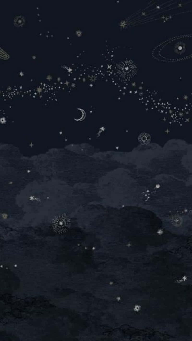 Aesthetic Dark 桌布 壁紙 — 漆黑的夜空充滿了發光的星星、彗星和一彎新月從有紋理的雲層中窺視。
