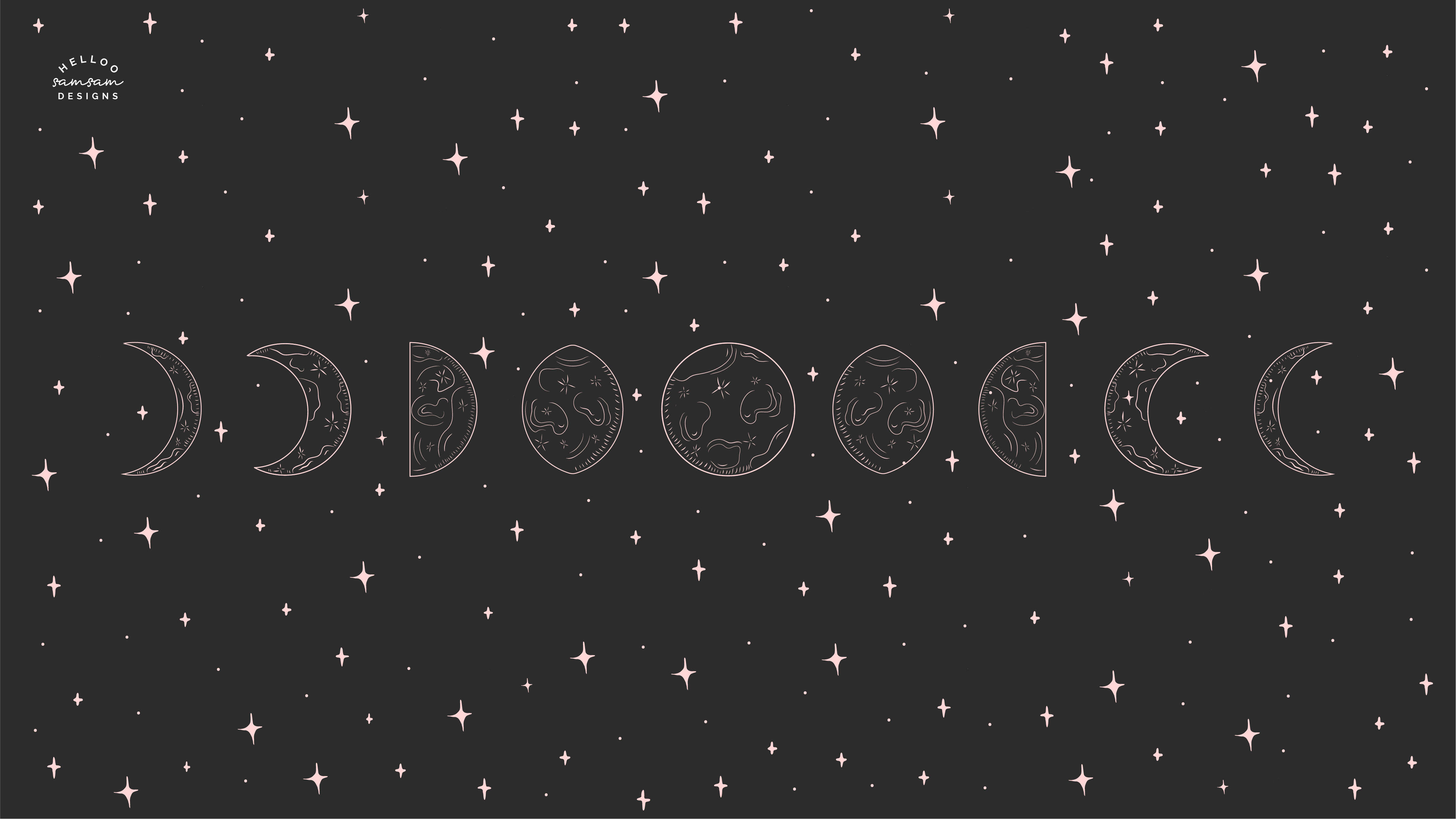 Moon Aesthetic 桌布 壁紙 — 漆黑的星空下，一排風格化的月相帶有柔和發光的天體圖案，與夜色相映成趣。