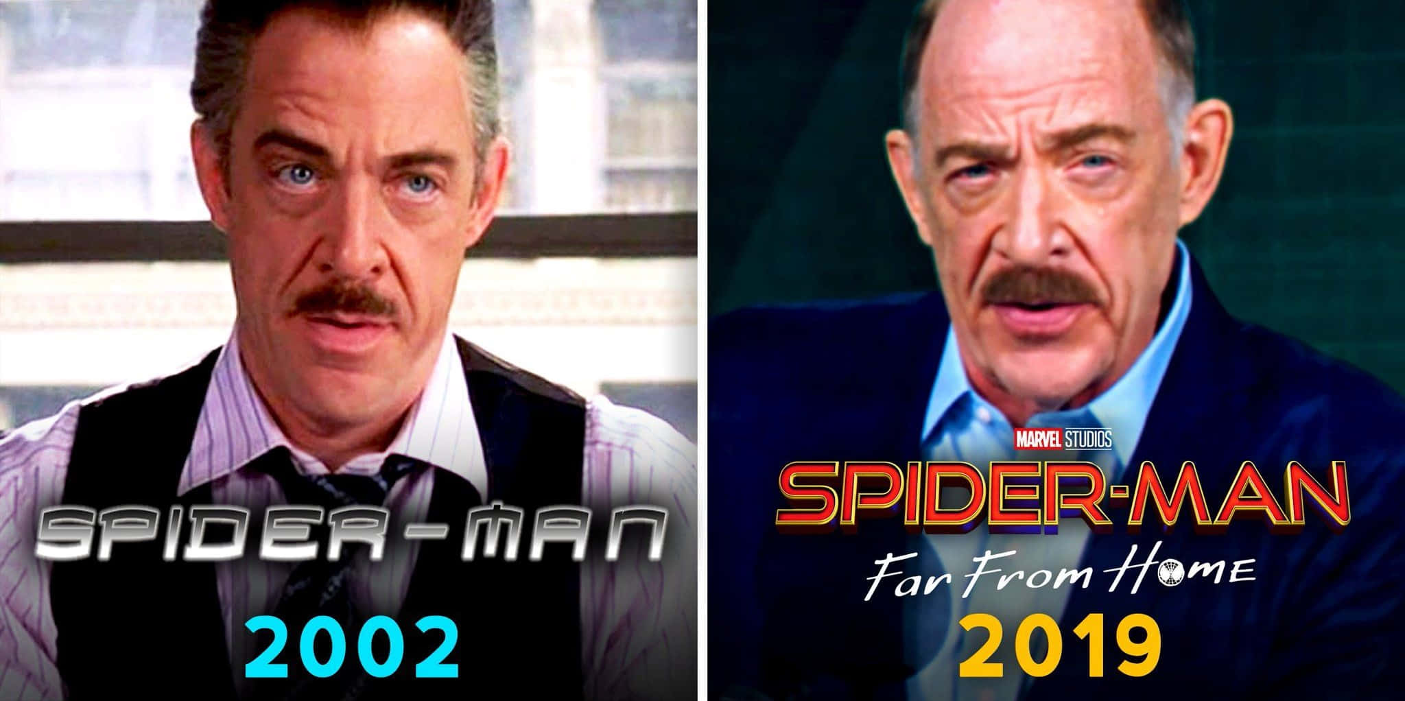 J Jonah Jameson 桌布 壁紙 — 演員 J. K. 西蒙斯在兩部蜘蛛人電影中飾演 J. 約翰·詹姆森的並排比較，附有年份標籤。