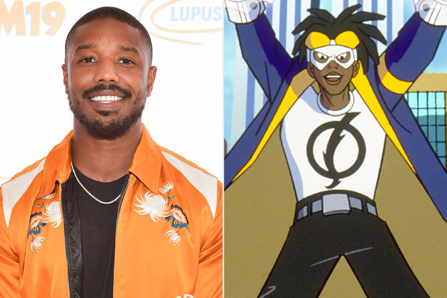 漫畫動圖 桌布 壁紙 — 演員 Michael B Jordan 身穿橙色外套與帶有黃色閃電標誌的動畫超級英雄角色的並排肖像。