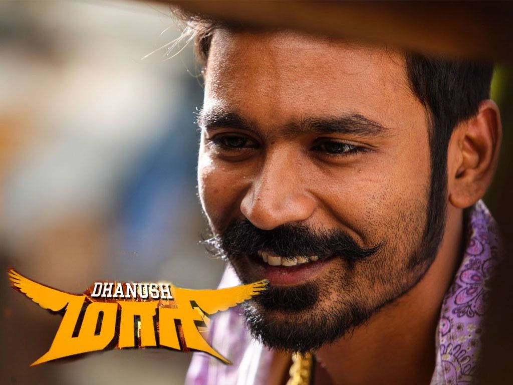 Indian 桌布 壁紙 — 演員Dhanush在木帽下溫暖微笑的特寫，帶有鮮豔黃色電影標題疊加。