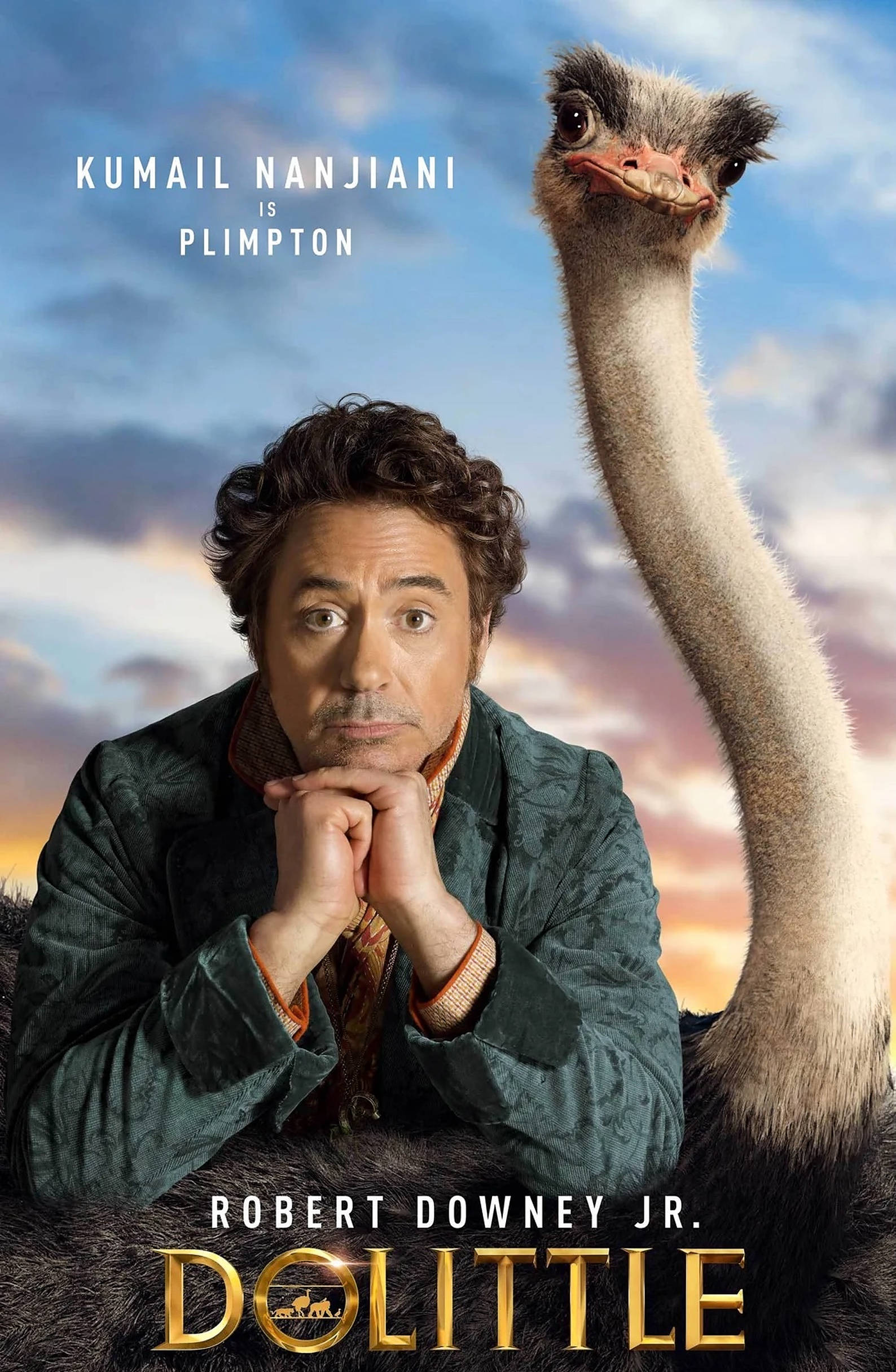 dolittle 桌布 壁紙 — 演員Kumail Nanjiani在電影海報中，在日落天空襯托下，在高聳的鴕鳥旁邊露出驚訝表情。