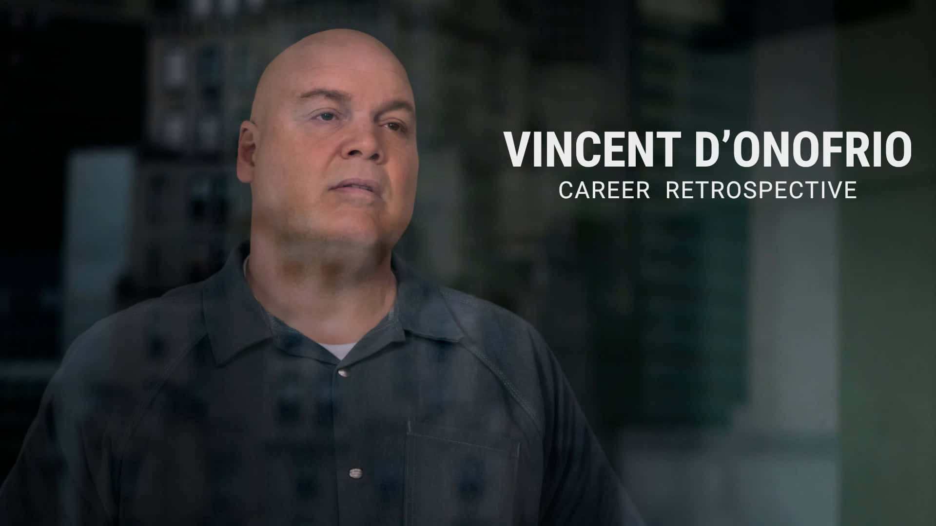 Vincent D'onofrio 桌布 壁紙 — 演員Vincent D'Onofrio在昏暗的房間裡若有所思地凝視著，身後是模糊的架子。