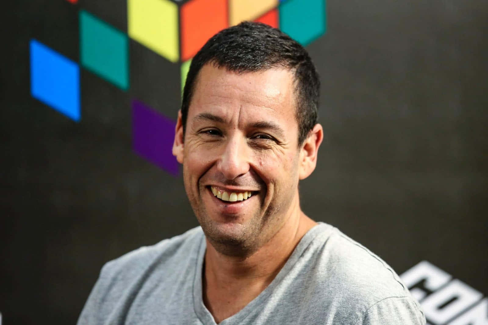 Adam Sandler 桌布 壁紙 — 演員亞當·山德勒在會議上，對著色彩繽紛的幾何背景露出燦爛的笑容。