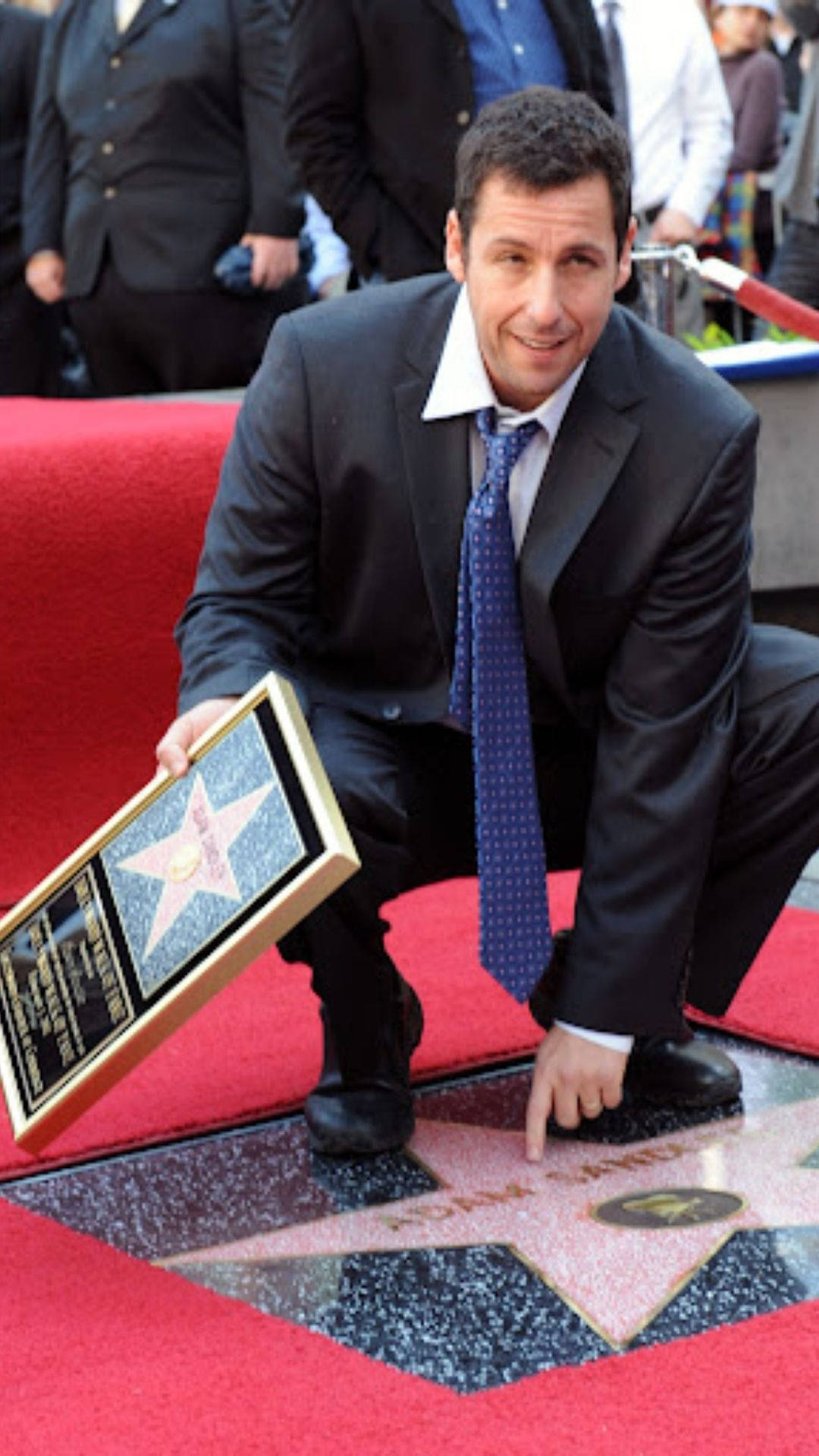 Adam Sandler 桌布 壁紙 — 演員亞當·山德勒跪在紅地毯上，手持裝框的好萊塢星光大道星星牌匾，同時指向人行道上的星星。
