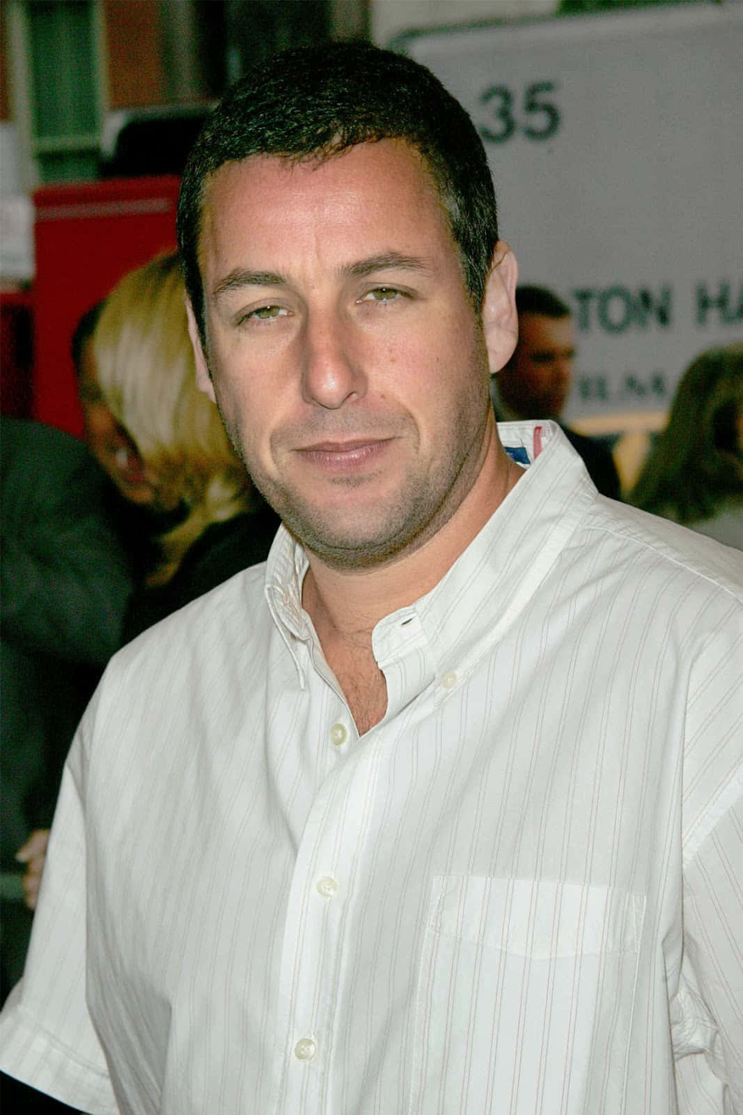 Adam Sandler 桌布 壁紙 — 演員亞當·山德勒身穿白色條紋襯衫出席電影活動，背景人物模糊。