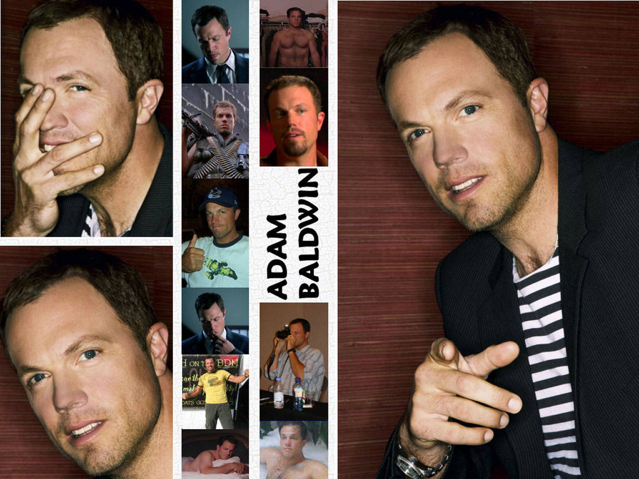 adam baldwin 桌布 壁紙 — 演員亞當·鮑德溫在各種角色和休閒姿勢中的拼貼畫，背景為溫暖的木質背景。