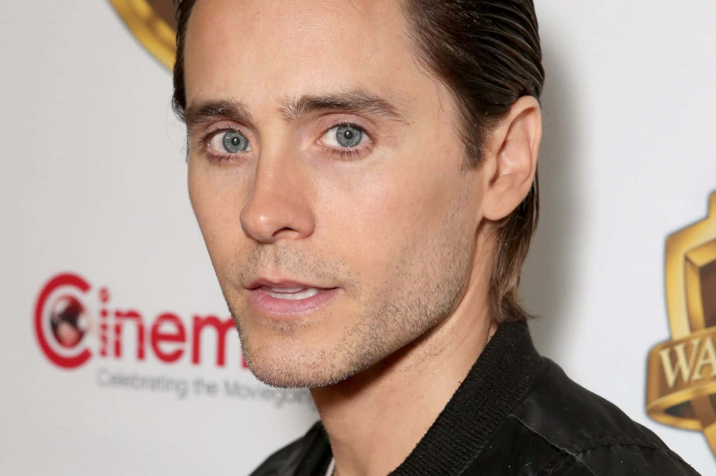 jared leto 桌布 壁紙 — 演員傑瑞德·雷托在電影活動中的特寫肖像，擁有強烈的藍色眼睛和深色頭髮。