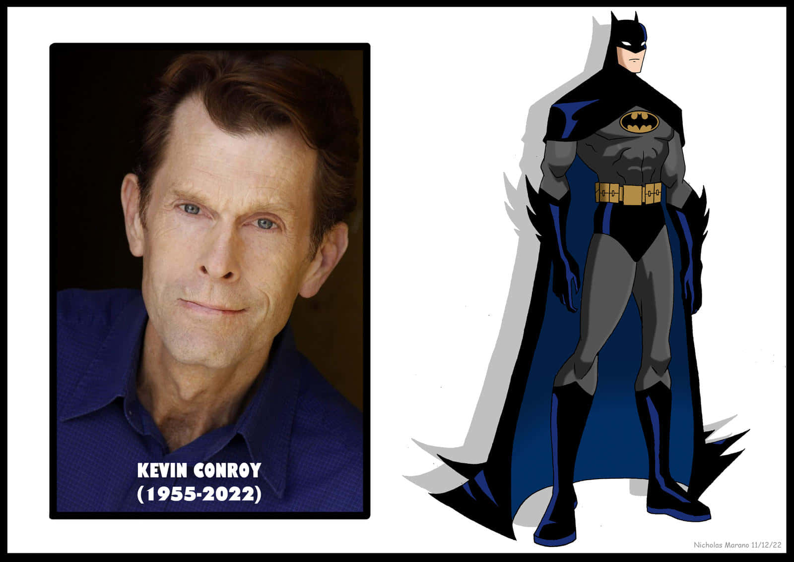 Kevin Conroy 桌布 壁紙 — 演員凱文·康羅伊的肖像與他標誌性的蝙蝠俠動畫角色設計並列。