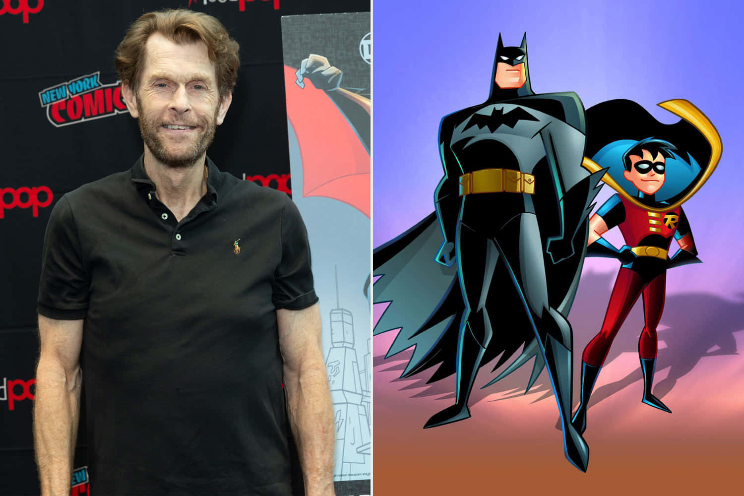 Kevin Conroy 桌布 壁紙 — 演員威廉·沙特納在漫畫活動中與動畫蝙蝠俠和羅賓角色並列的拆分圖像。