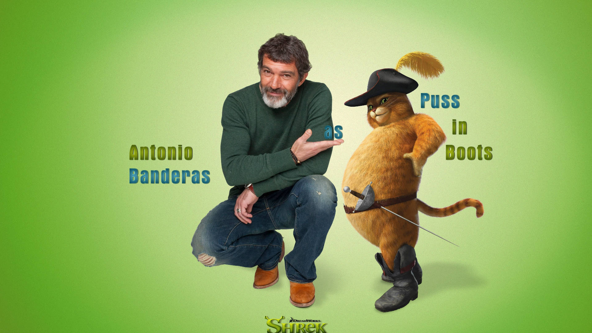 puss in boots 桌布 壁紙 — 演員安東尼奧·班德拉斯蹲在他的動畫貓角色Puss in Boots旁邊，背景是純綠色。