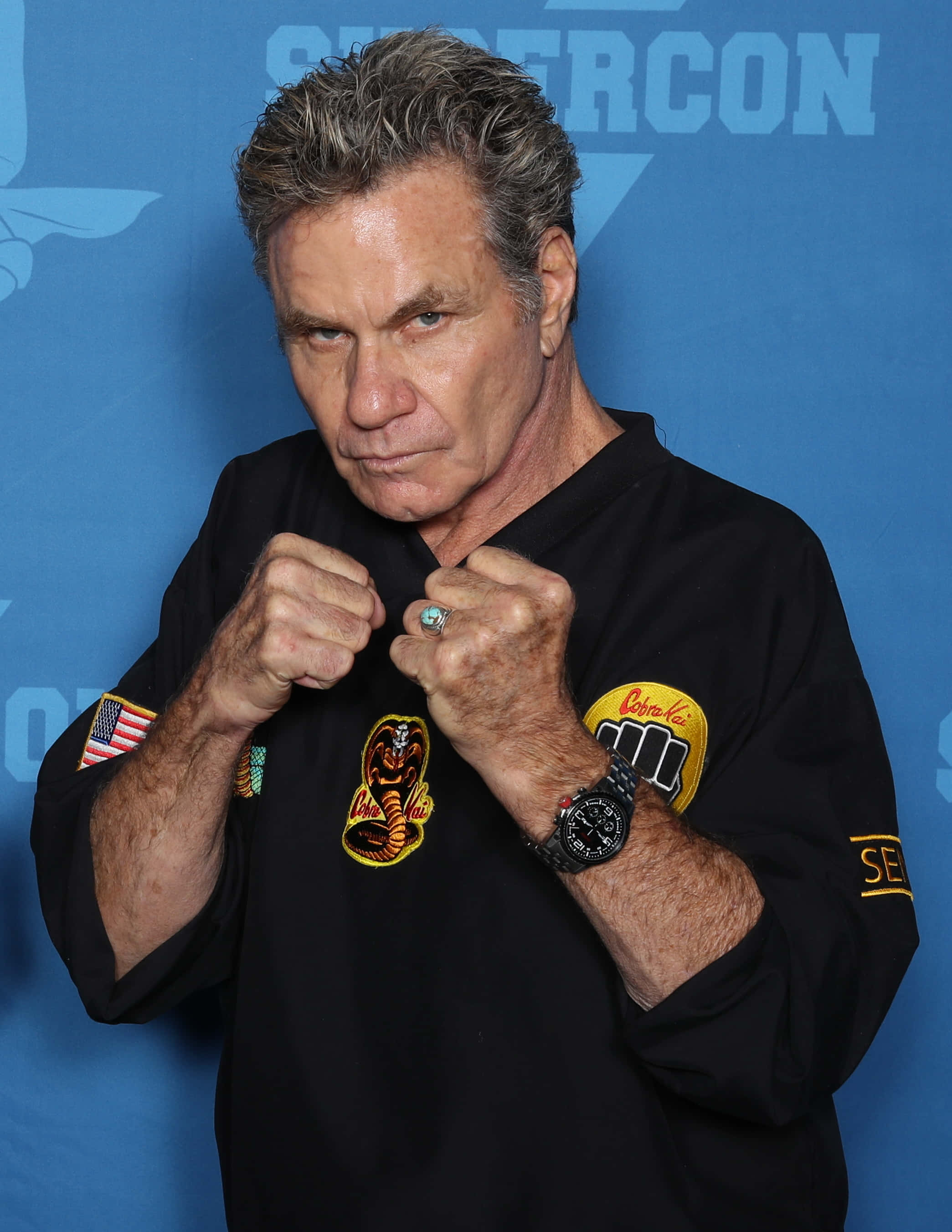 眼鏡蛇道館 桌布 壁紙 — 演員尚格·雲頓身穿帶有 Cobra Kai 徽章的黑色道服，在藍色會議背景前擺出武術姿勢。