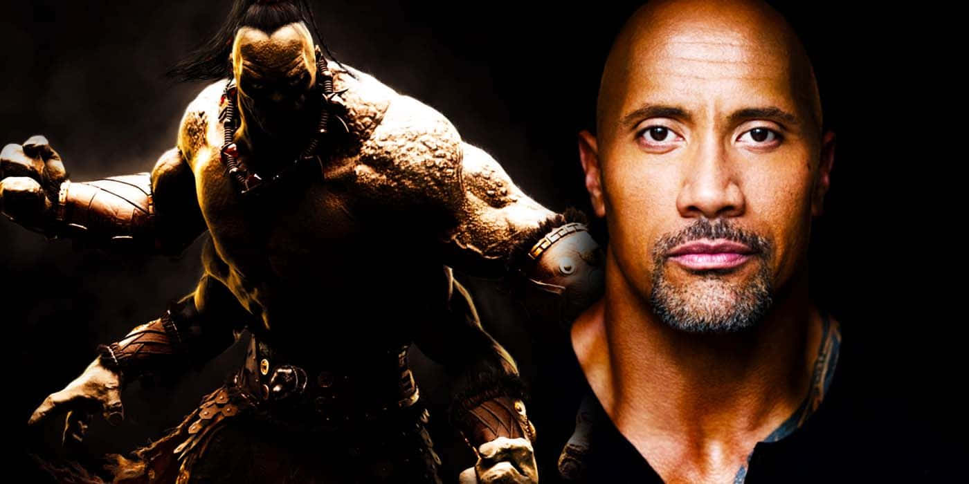 Mortal Kombat Goro 桌布 壁紙 — 演員巨石強森站在他肌肉發達的戰士角色旁邊，在一個黑暗的電影宣傳照中。