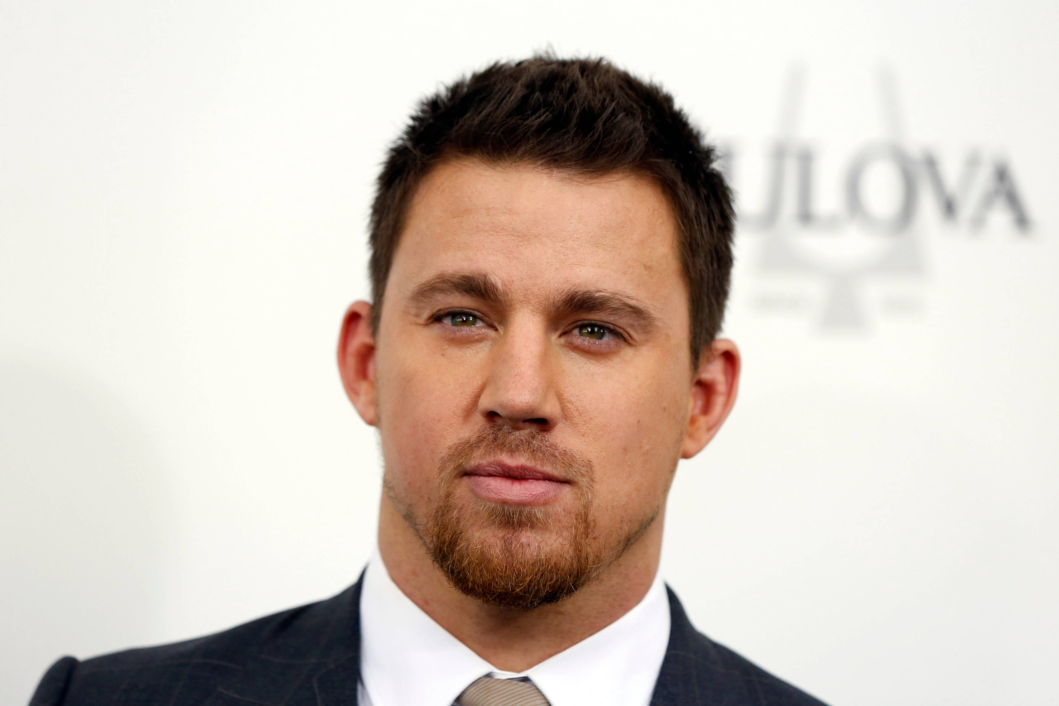 Channing 桌布 壁紙 — 演員查寧·塔圖的頭像特寫，身穿深色西裝打領帶，背景為白色並帶有模糊標誌。