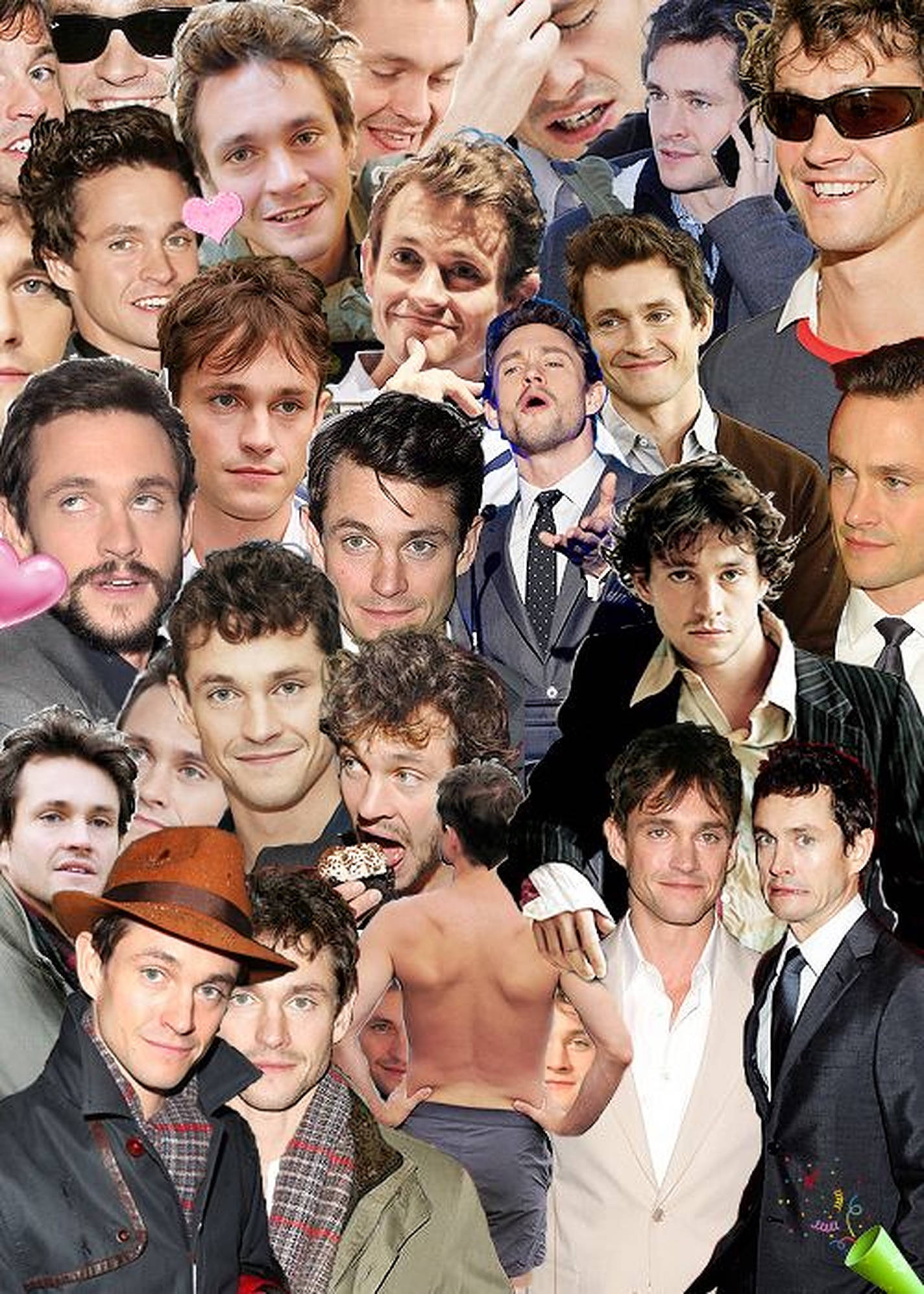 Hugh Dancy 桌布 壁紙 — 演員派屈克·丹普西（Patrick Dempsey）的鮮明拼貼畫，展示多種服裝和表情，疊加粉紅色愛心和俏皮姿勢。