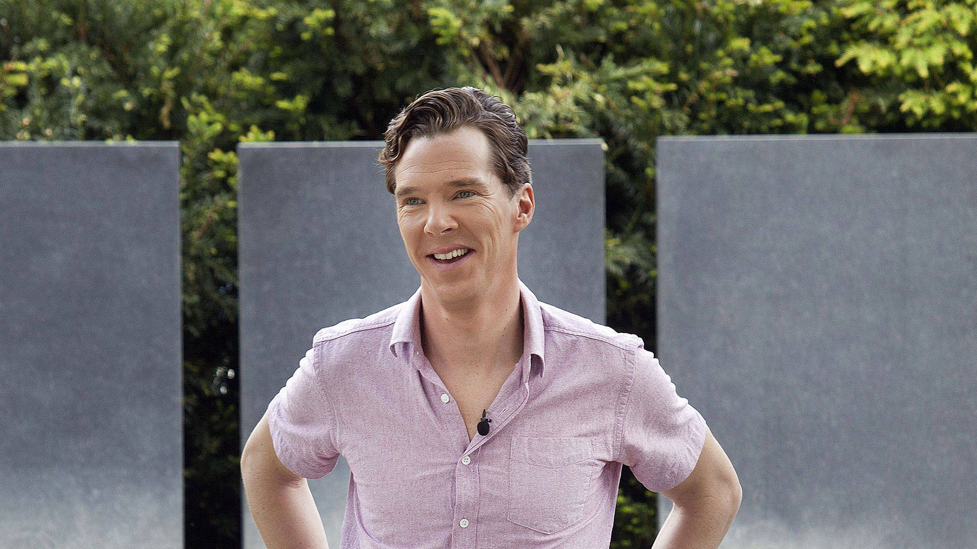 benedict 桌布 壁紙 — 演員班尼狄克·康柏拜區身穿淺紫色襯衫，在綠色樹葉和灰色面板的背景前溫暖地微笑。