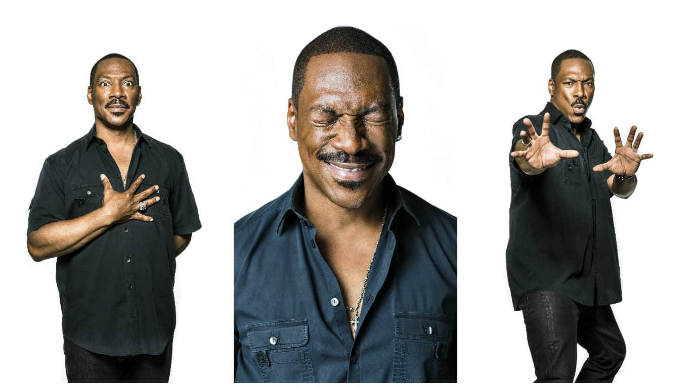 eddie murphy 桌布 壁紙 — 演員艾迪·墨菲在三個富有表現力的工作室鏡頭中擺姿勢，穿著深色襯衫，背景為純白色。