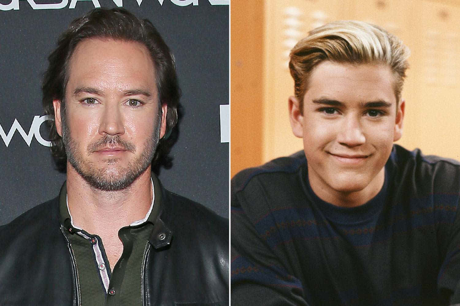 Mark-paul Gosselaar 桌布 壁紙 — 演員萊恩雷諾斯的成年與青少年分割肖像，表情與髮型形成對比。