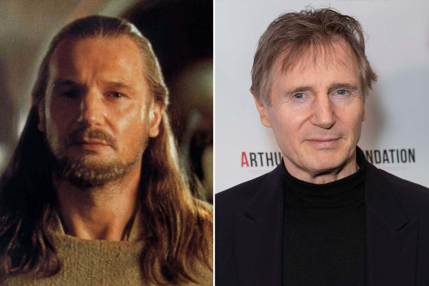 The Phantom Menace 桌布 壁紙 — 演員連恩·尼遜在《魔戒》中飾演亞拉岡的肖像與他現代出席活動的肖像並排展示。