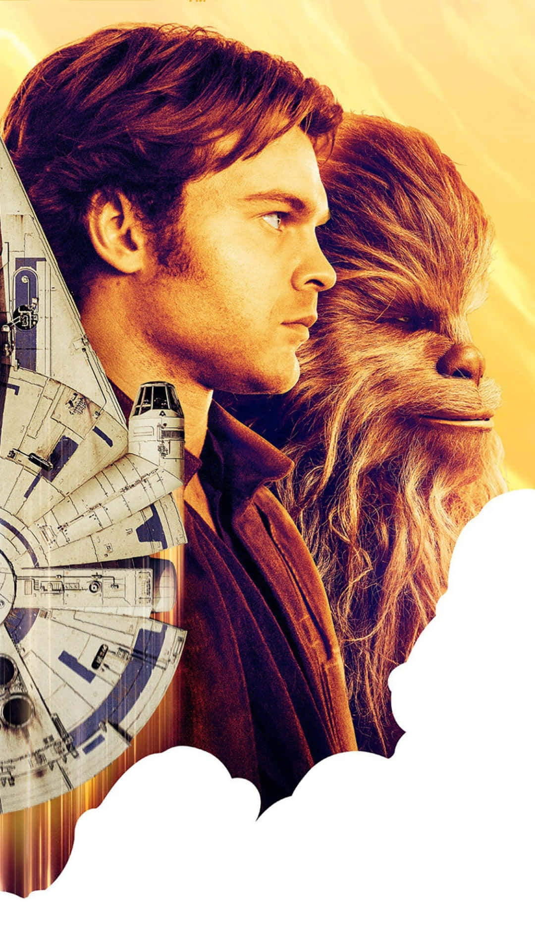 Solo A Star Wars Story 桌布 壁紙 — 漢·索羅和丘巴卡的戲劇性側面輪廓，千年鷹號的示意圖疊加在他們身上，背景為金色。
