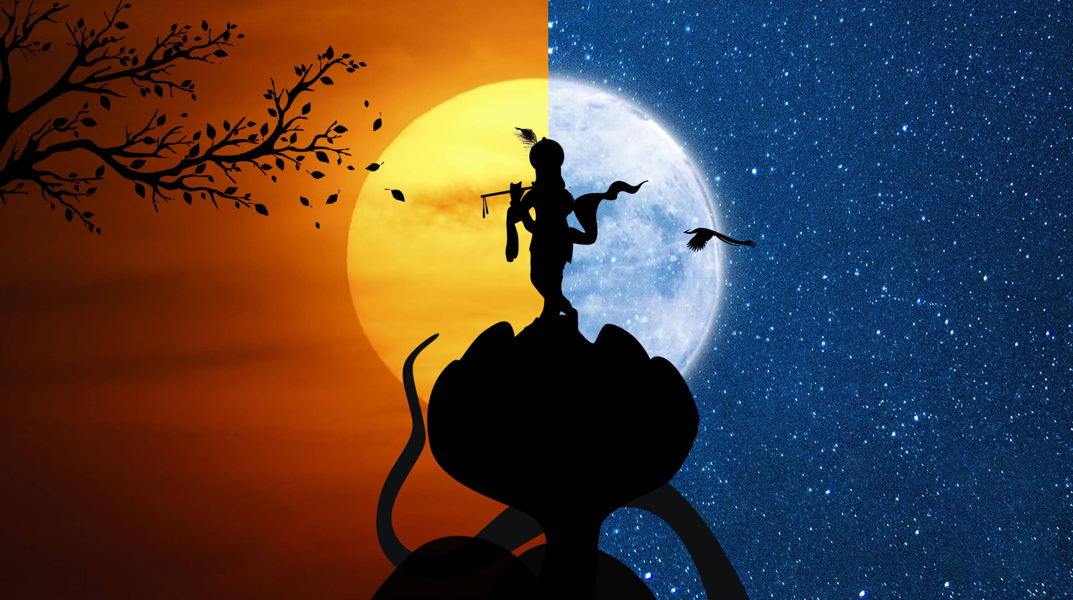 Shri Krishna 桌布 壁紙 — 漢努曼在山頂上的剪影，背景是分開的日落和繁星點點的夜空，有落葉和飛鳥。