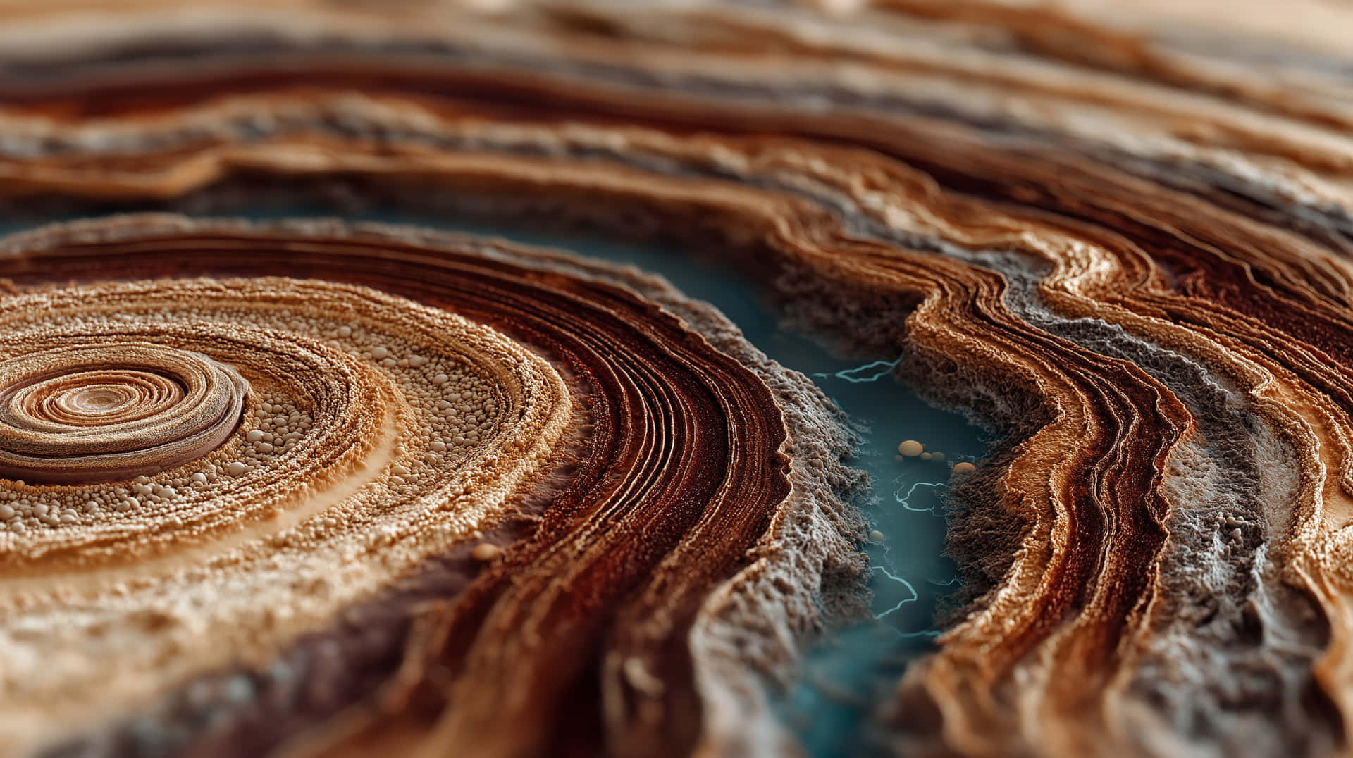Glimmering View of Jupiter's Swirling Storms from Orbit 壁紙 — 漩渦狀棕色和藍綠色層狀岩層的特寫，帶有紋理同心環和礦脈。