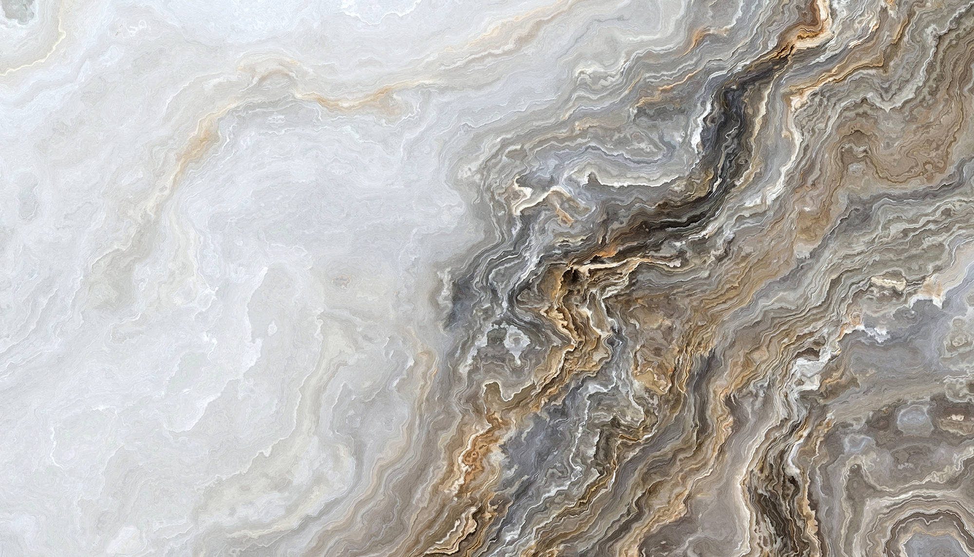 Marble 桌布 壁紙 — 漩渦狀灰米色和金色瑪瑙石的近距離特寫，帶有平滑流動的圖案。