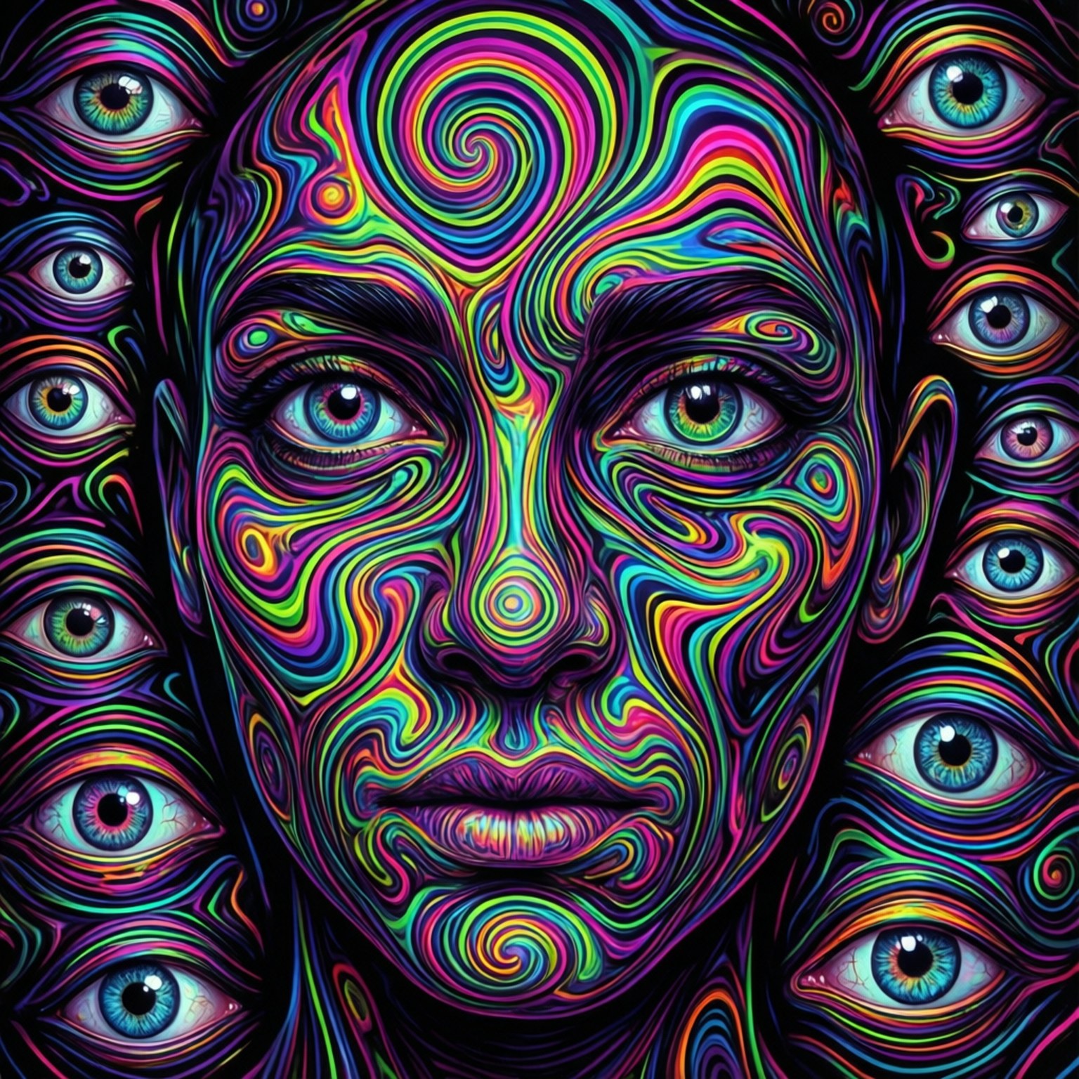 漩渦面孔圖案 壁紙 — 一個迷幻的臉孔，周圍有旋轉的彩虹圖案和多個發光的眼睛。