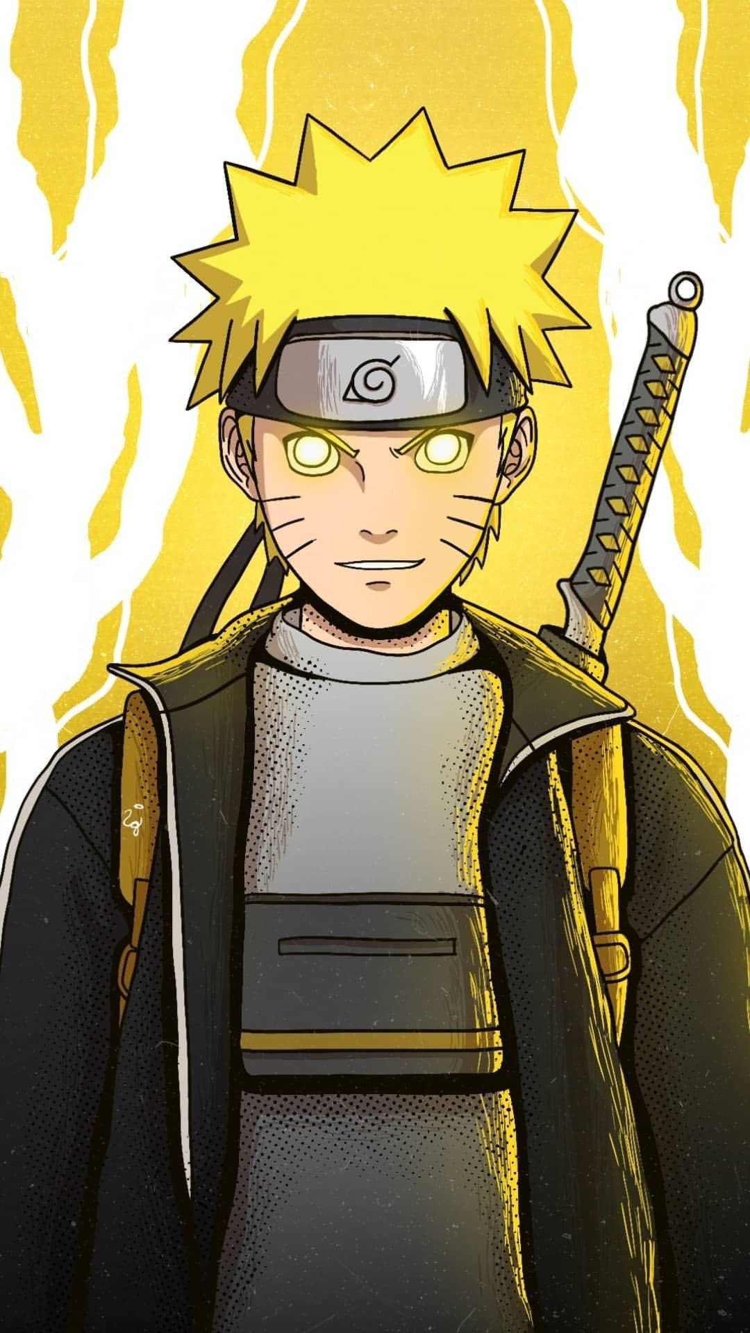 Naruto Swag 桌布 壁紙 — 漩渦鳴人以充滿動感的姿勢站立，散發著黃色查克拉光芒，手持苦無。