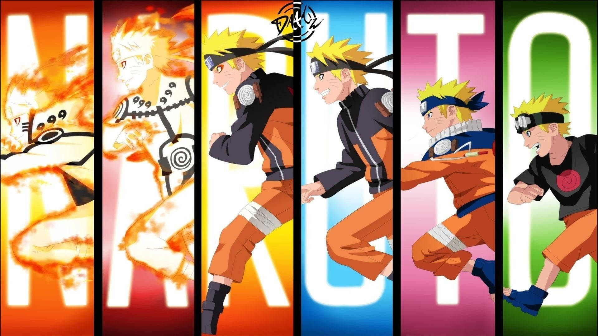 Naruto Nine Tails 桌布 壁紙 — 漩渦鳴人以六個動態姿勢出現在彩色垂直面板上，他的名字以粗體字母在他身後。