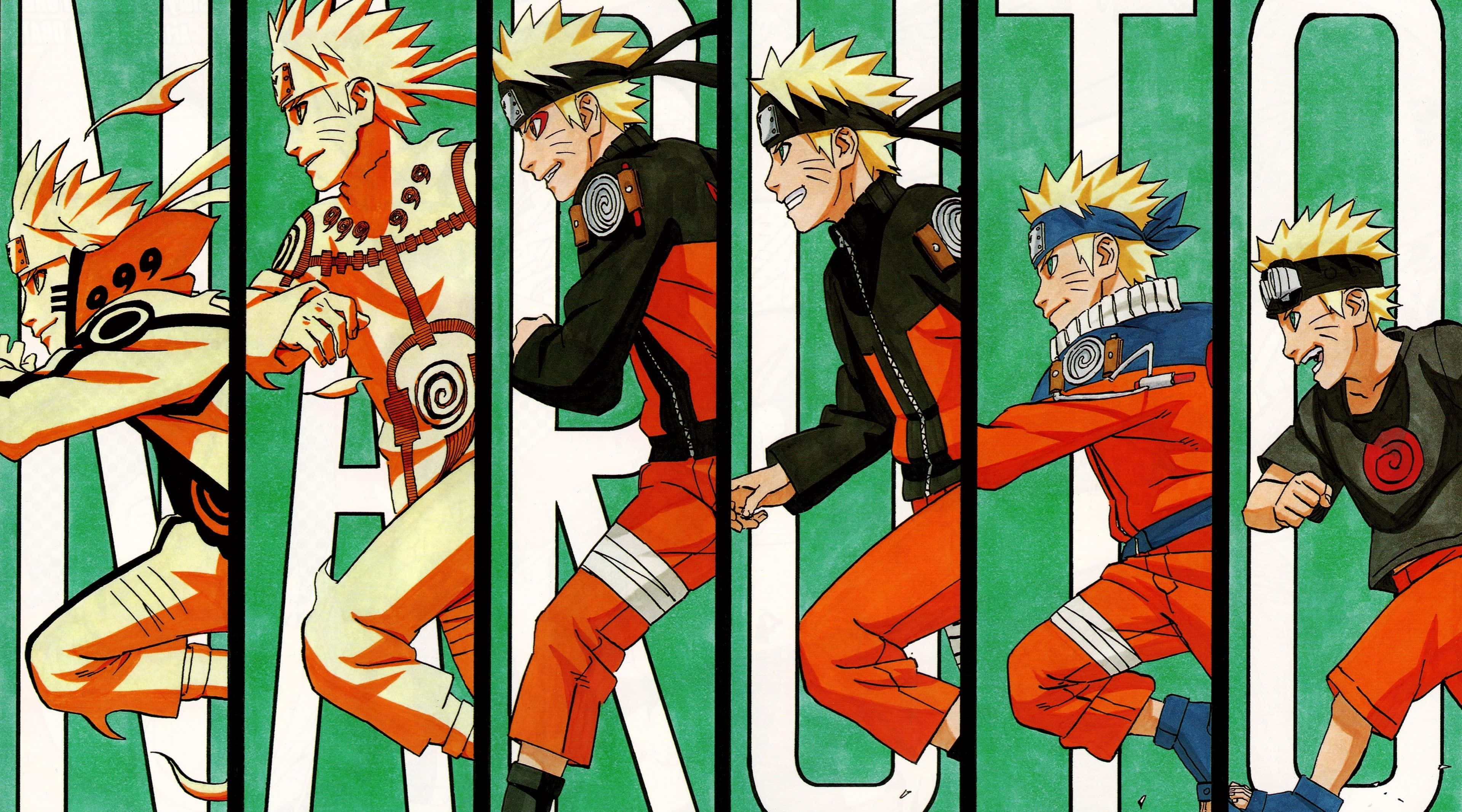 Cool Naruto Desktop 桌布 壁紙 — 漩渦鳴人以六個動態姿勢跨越綠色和白色垂直條紋，採用大膽的動漫藝術風格。