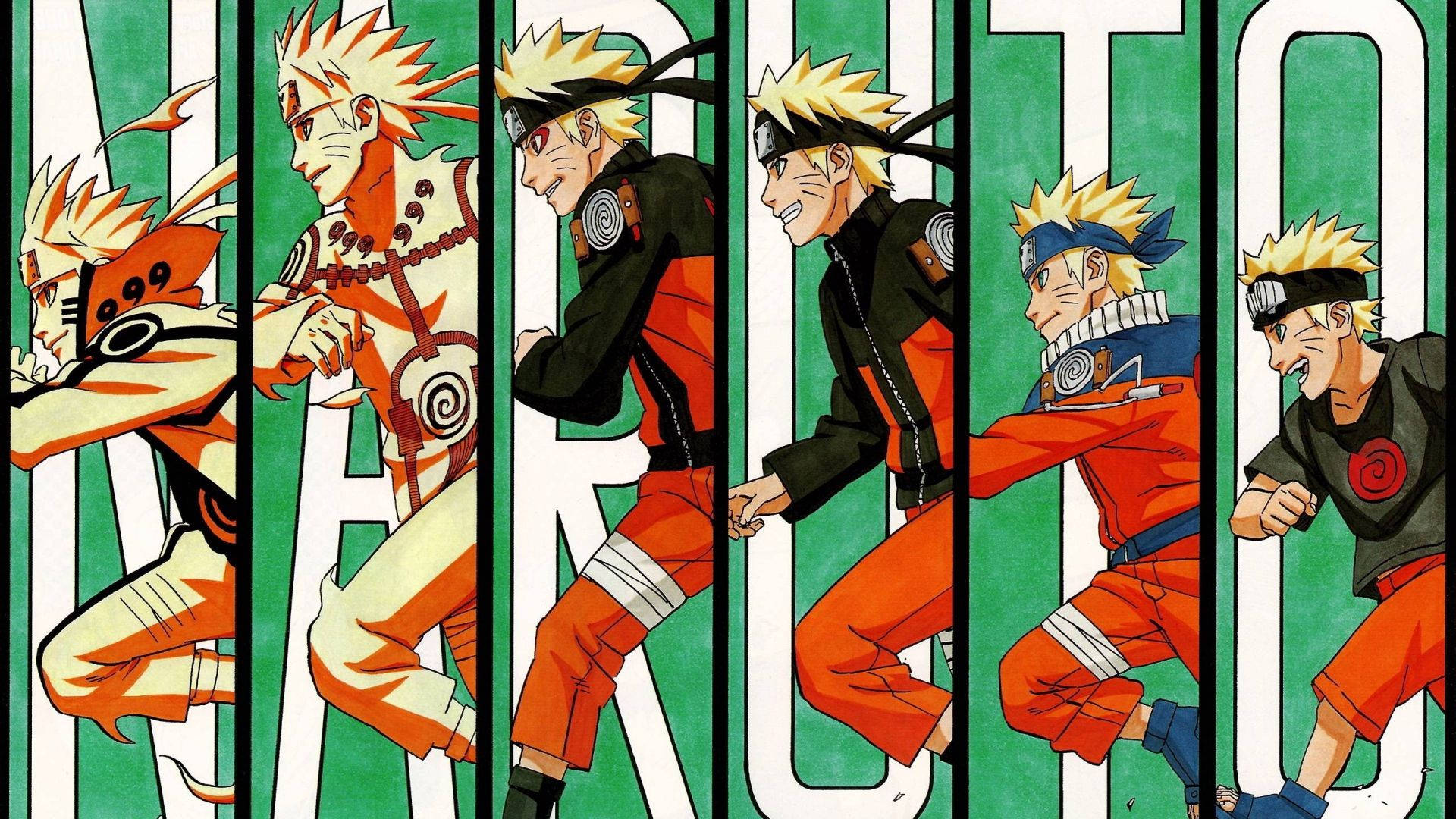 藝術 桌布 壁紙 — 漩渦鳴人以六種動態姿勢呈現在綠色和白色的「NARUTO」橫幅上，通過動漫藝術展示他的成長。